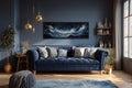 Navy Blue Gold Ocean Wave Horizontal Above Bed Canvas Wall Art