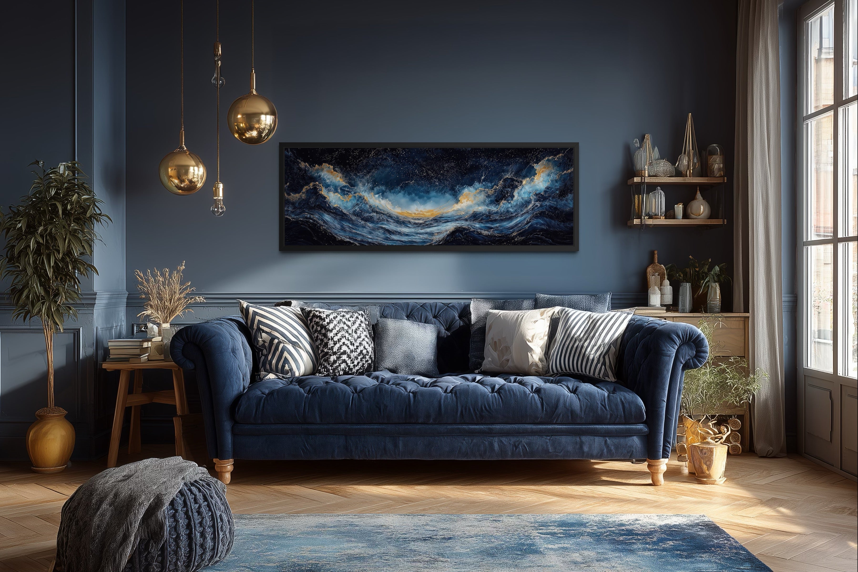 Navy Blue Gold Ocean Wave Horizontal Above Bed Canvas Wall Art