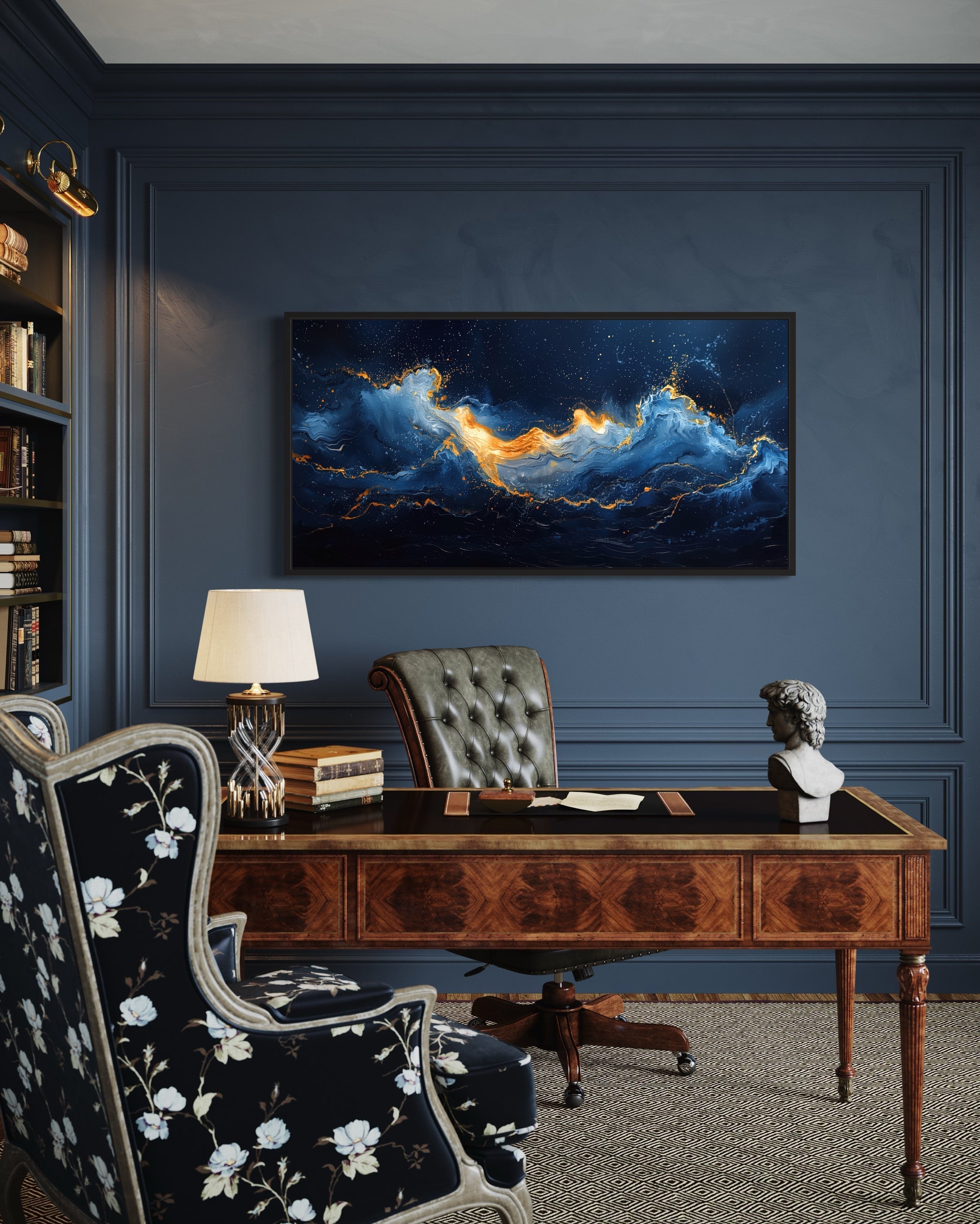 Navy Blue Gold Wall Art – Abstract Ocean Wave Canvas | Modern Coastal Decor