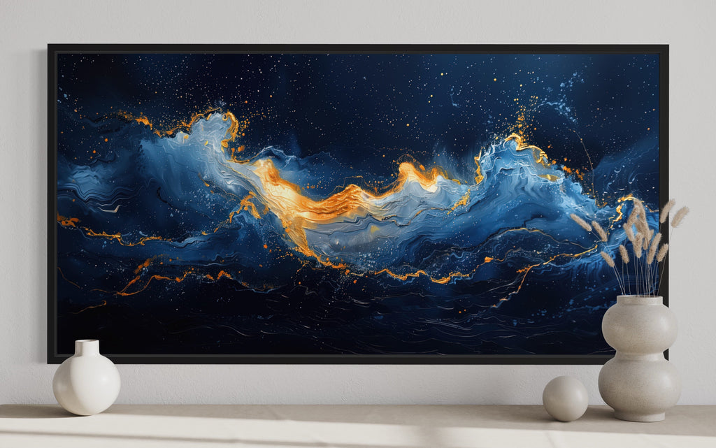 Navy Blue Gold Wall Art – Abstract Ocean Wave Canvas | Modern Coastal Decor