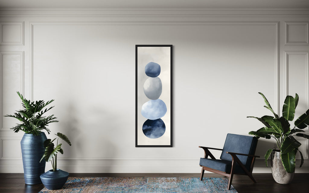 Navy Blue Grey Beige Shapes Vertical Narrow Canvas Wall Art