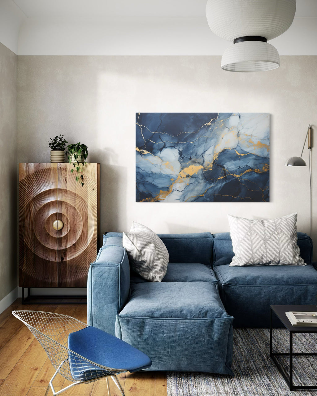 Navy Blue Grey Gold  Abstract Marble Canvas Wall Art For Bedroom Or Living Room