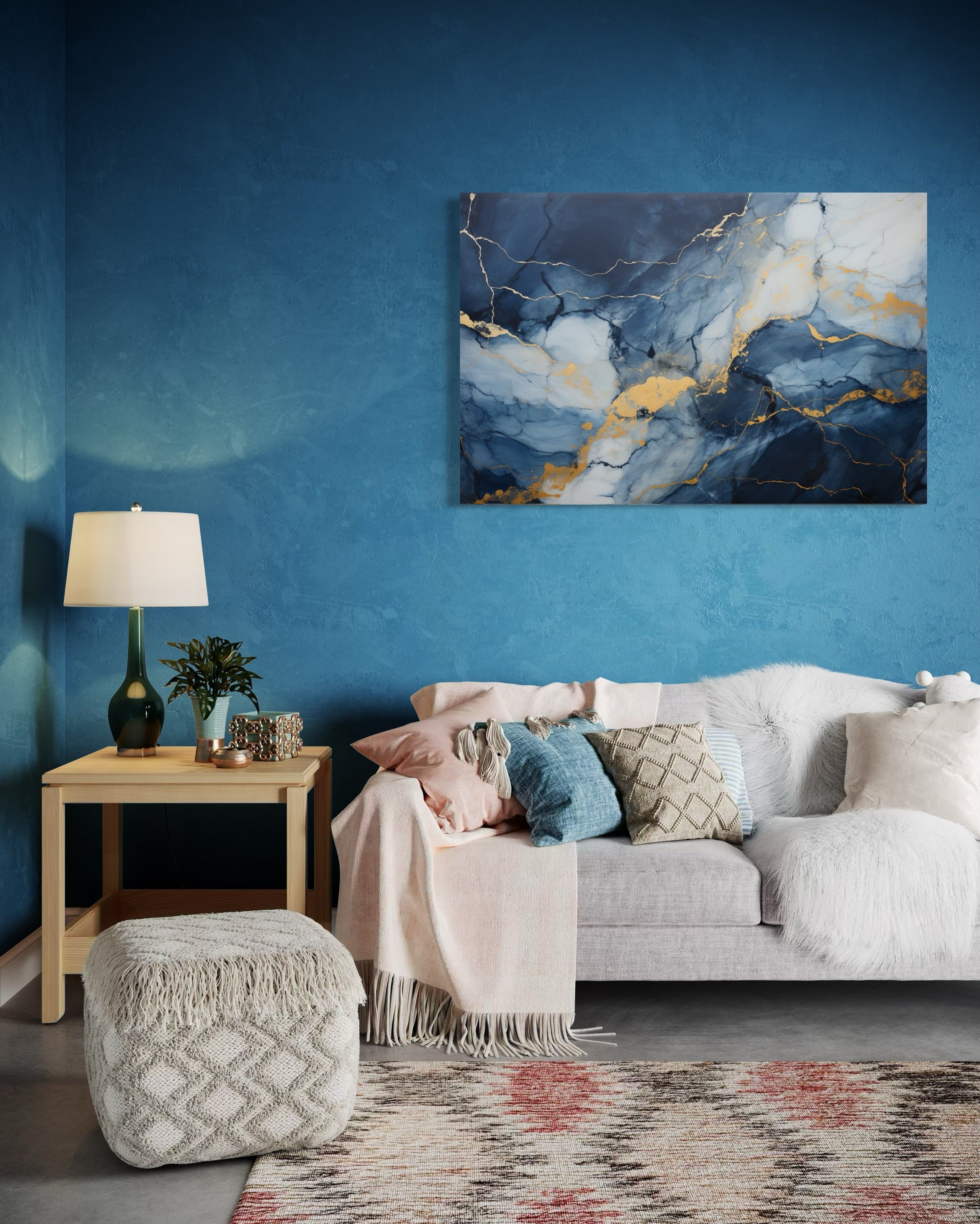 Navy Blue Grey Gold  Abstract Marble Canvas Wall Art For Bedroom Or Living Room