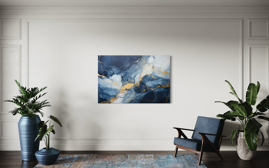 Navy Blue Grey Gold  Abstract Marble Canvas Wall Art For Bedroom Or Living Room