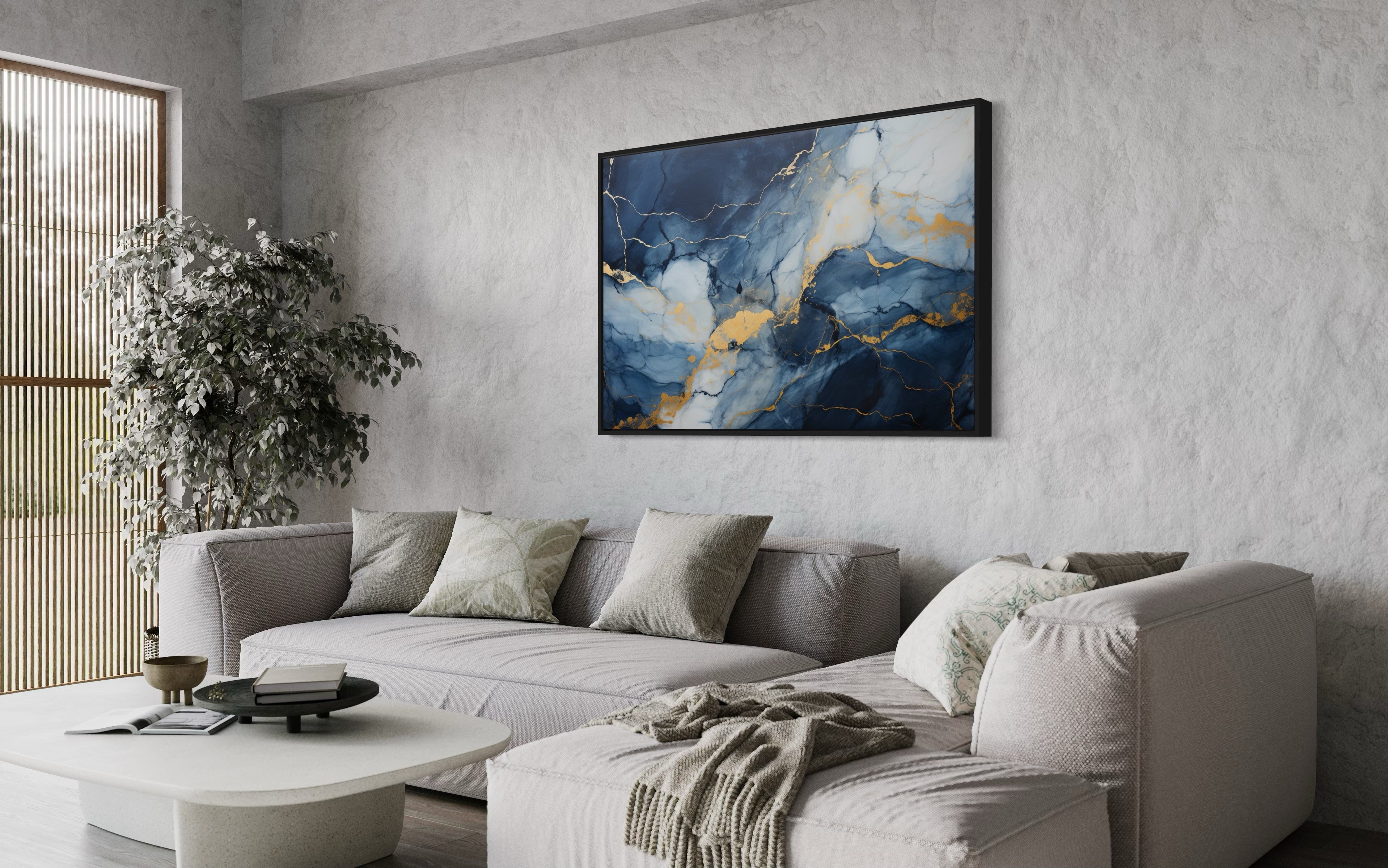 Navy Blue Grey Gold  Abstract Marble Canvas Wall Art For Bedroom Or Living Room
