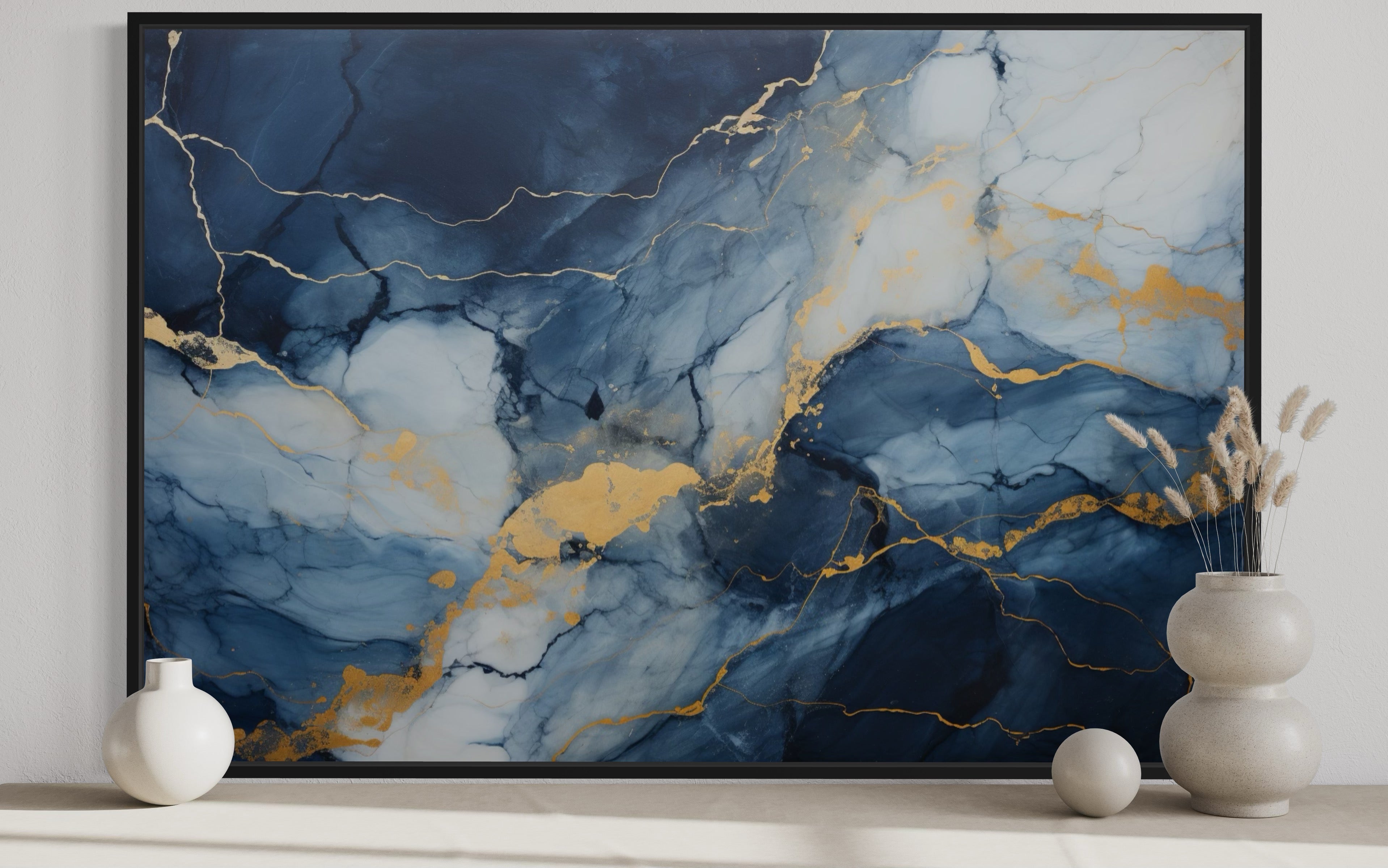 Navy Blue Grey Gold  Abstract Marble Canvas Wall Art For Bedroom Or Living Room