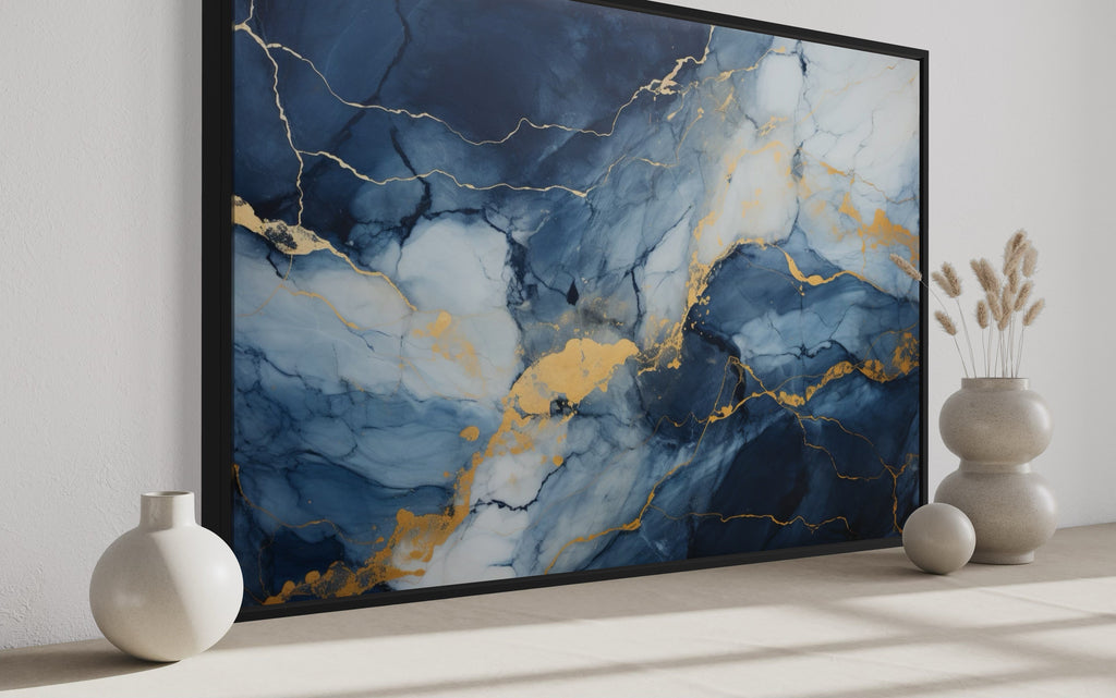 Navy Blue Grey Gold  Abstract Marble Canvas Wall Art For Bedroom Or Living Room