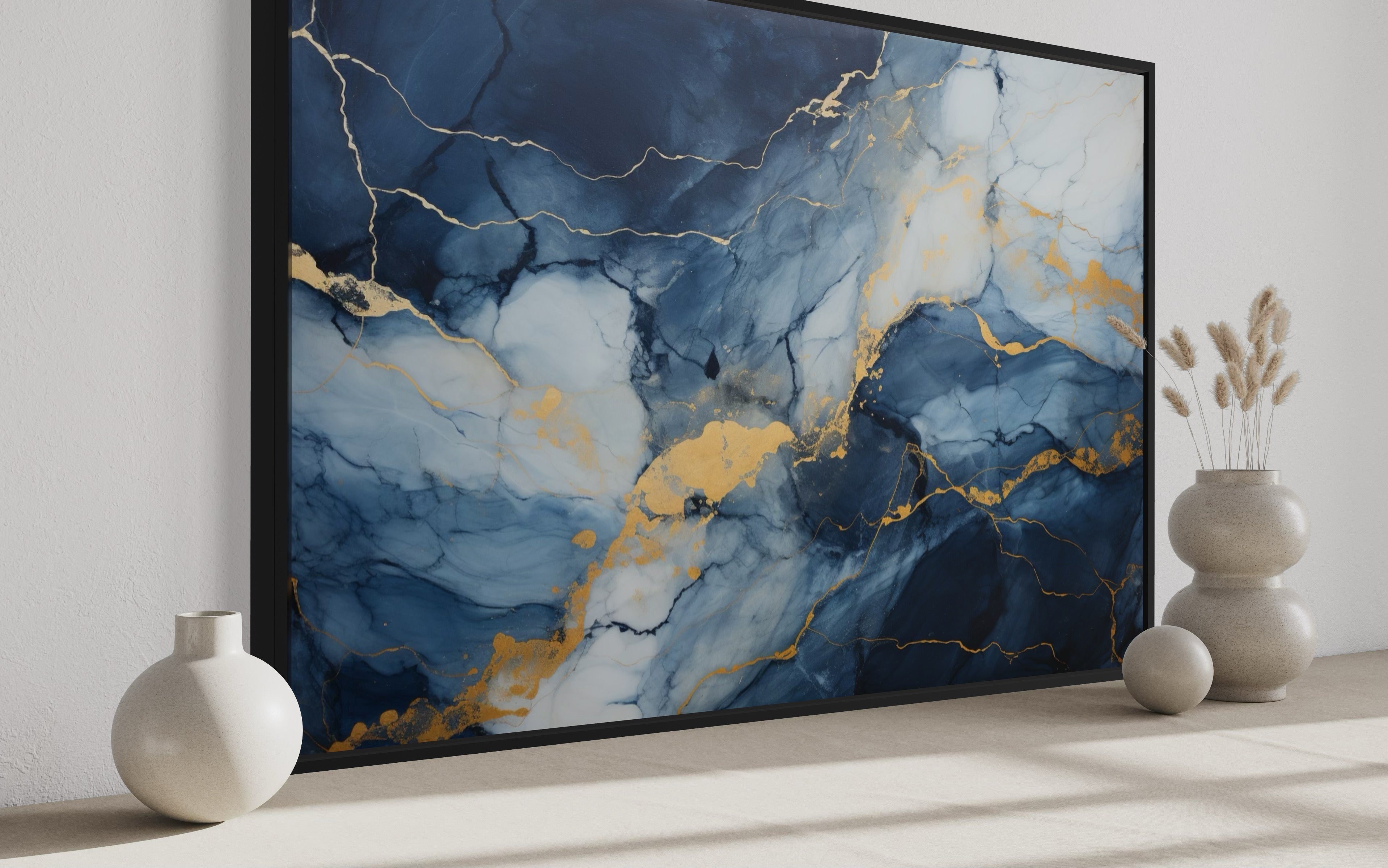 Navy Blue Grey Gold  Abstract Marble Canvas Wall Art For Bedroom Or Living Room