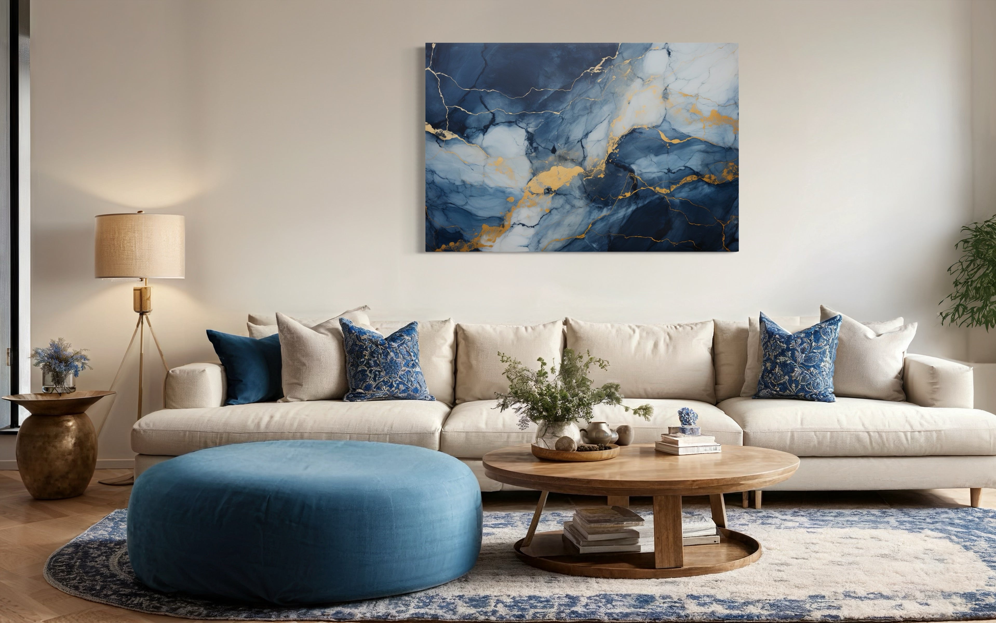 Navy Blue Grey Gold  Abstract Marble Canvas Wall Art For Bedroom Or Living Room