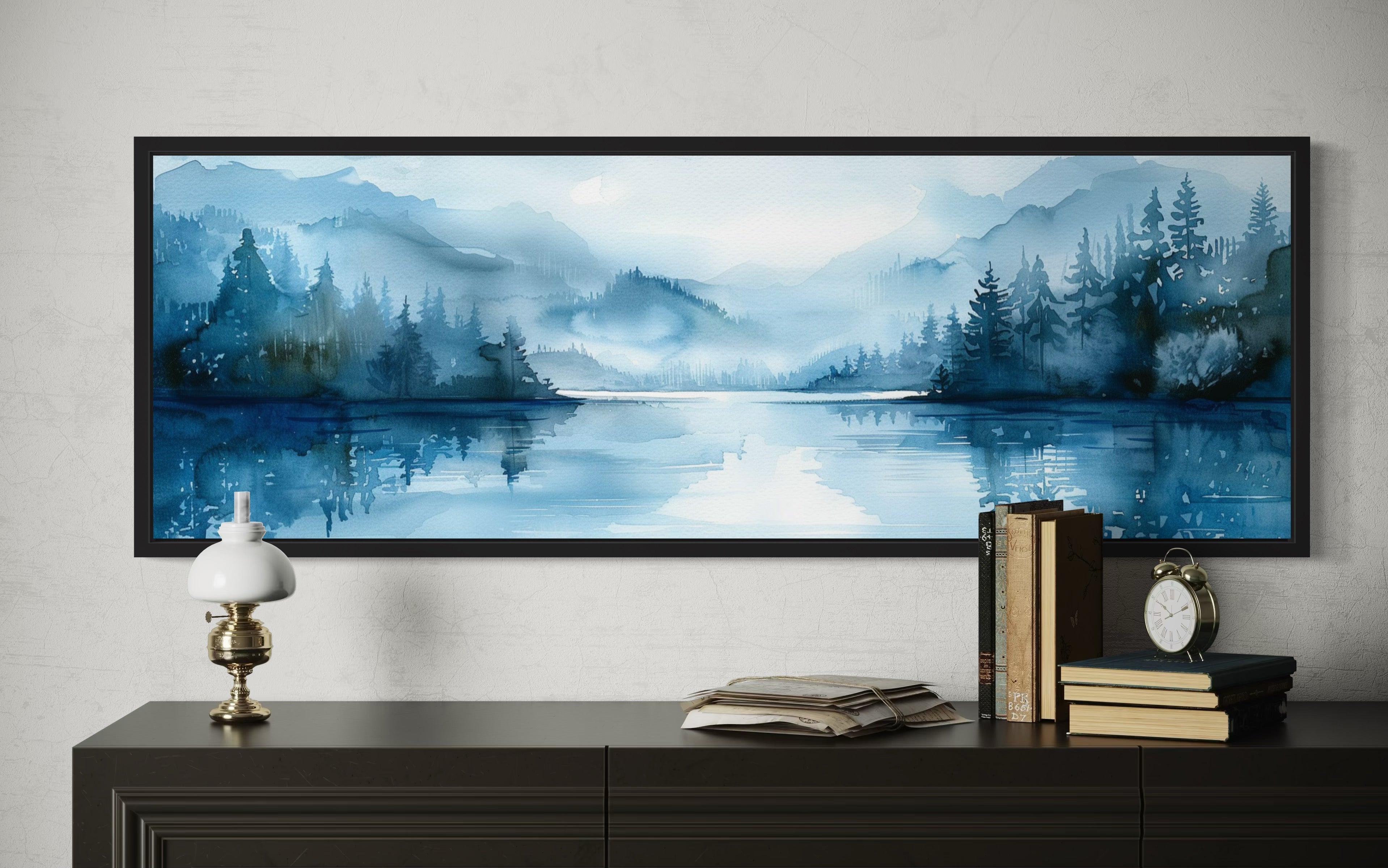 Navy Blue Lake Landscape Long Narrow Horizontal Wall Art