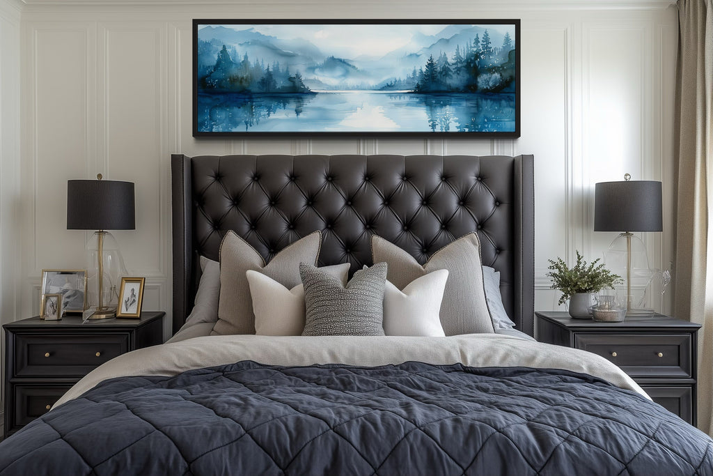 Navy Blue Lake Landscape Long Narrow Horizontal Wall Art