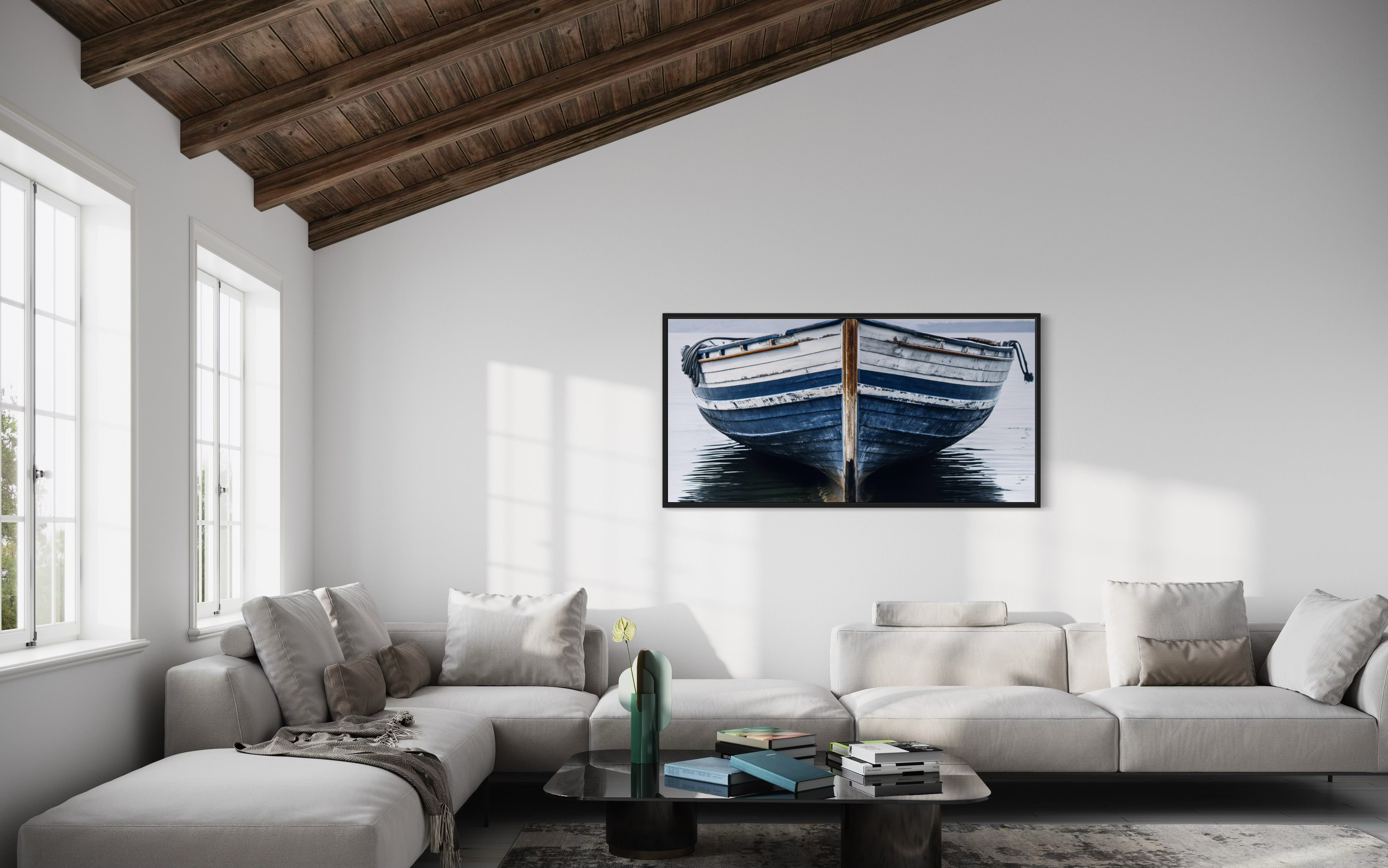 Navy Blue White Old Boat Painting Framed Canvas Wall Art