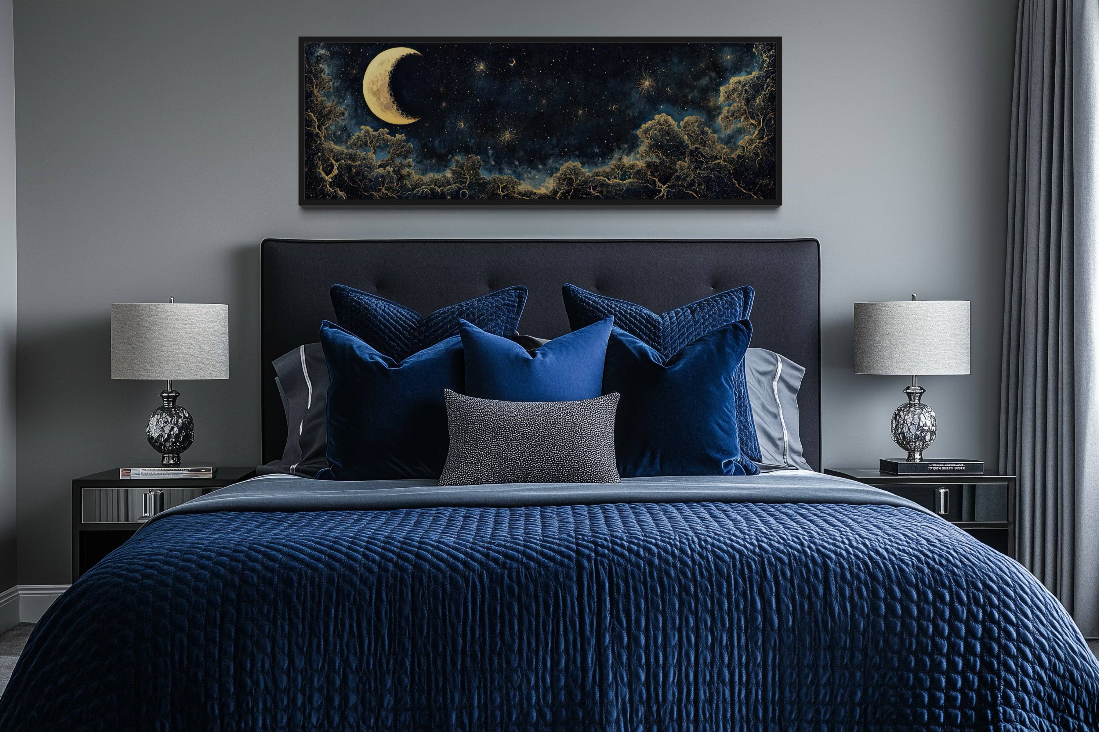 Navy Blue and Gold Moon Crescent Long Horizontal Wall Art