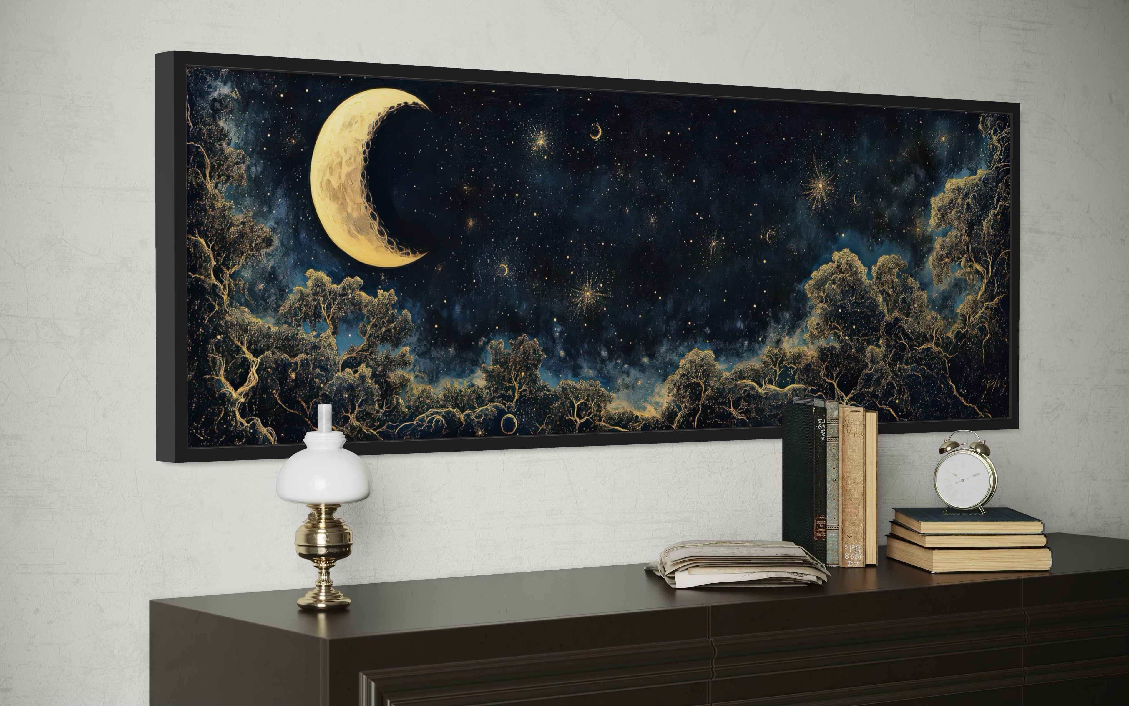 Navy Blue and Gold Moon Crescent Long Horizontal Wall Art
