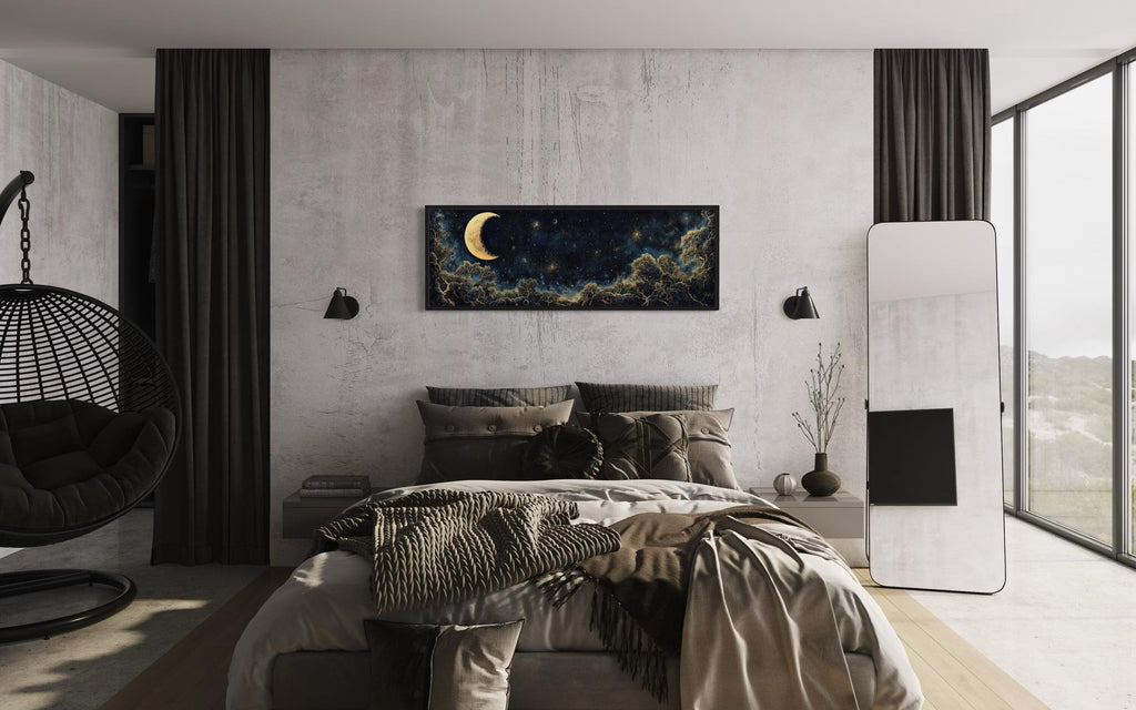 Navy Blue and Gold Moon Crescent Long Horizontal Wall Art
