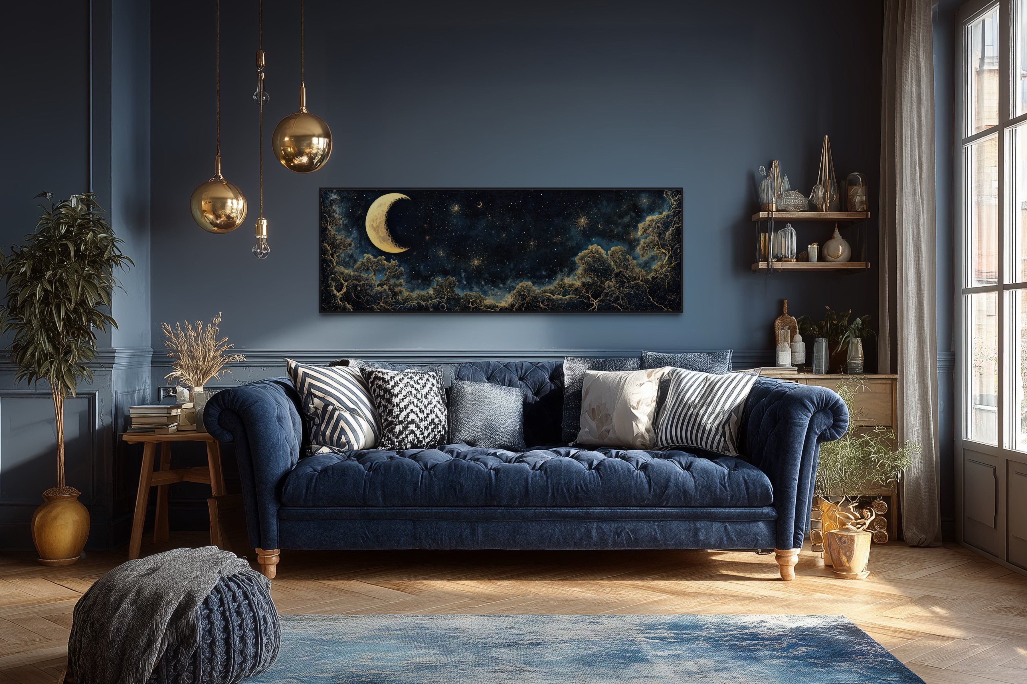Navy Blue and Gold Moon Crescent Long Horizontal Wall Art