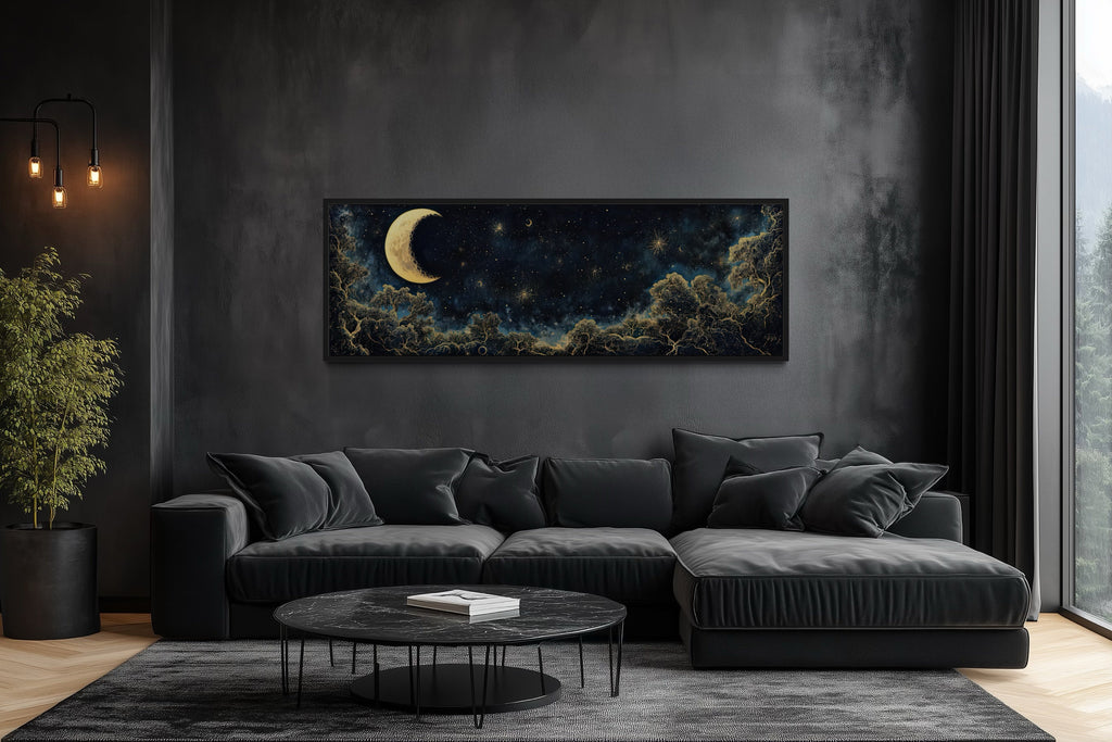 Navy Blue and Gold Moon Crescent Long Horizontal Wall Art