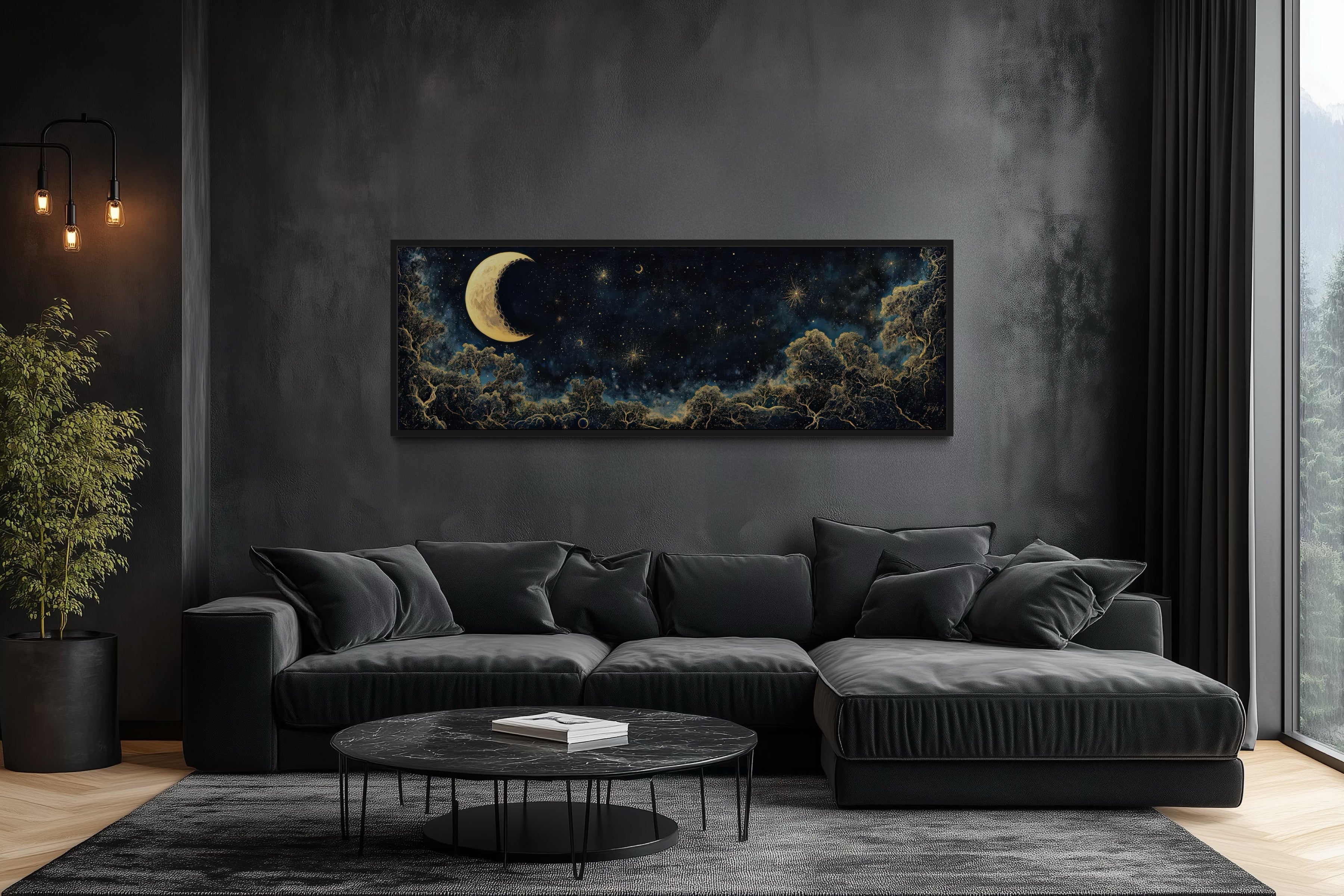 Navy Blue and Gold Moon Crescent Long Horizontal Wall Art