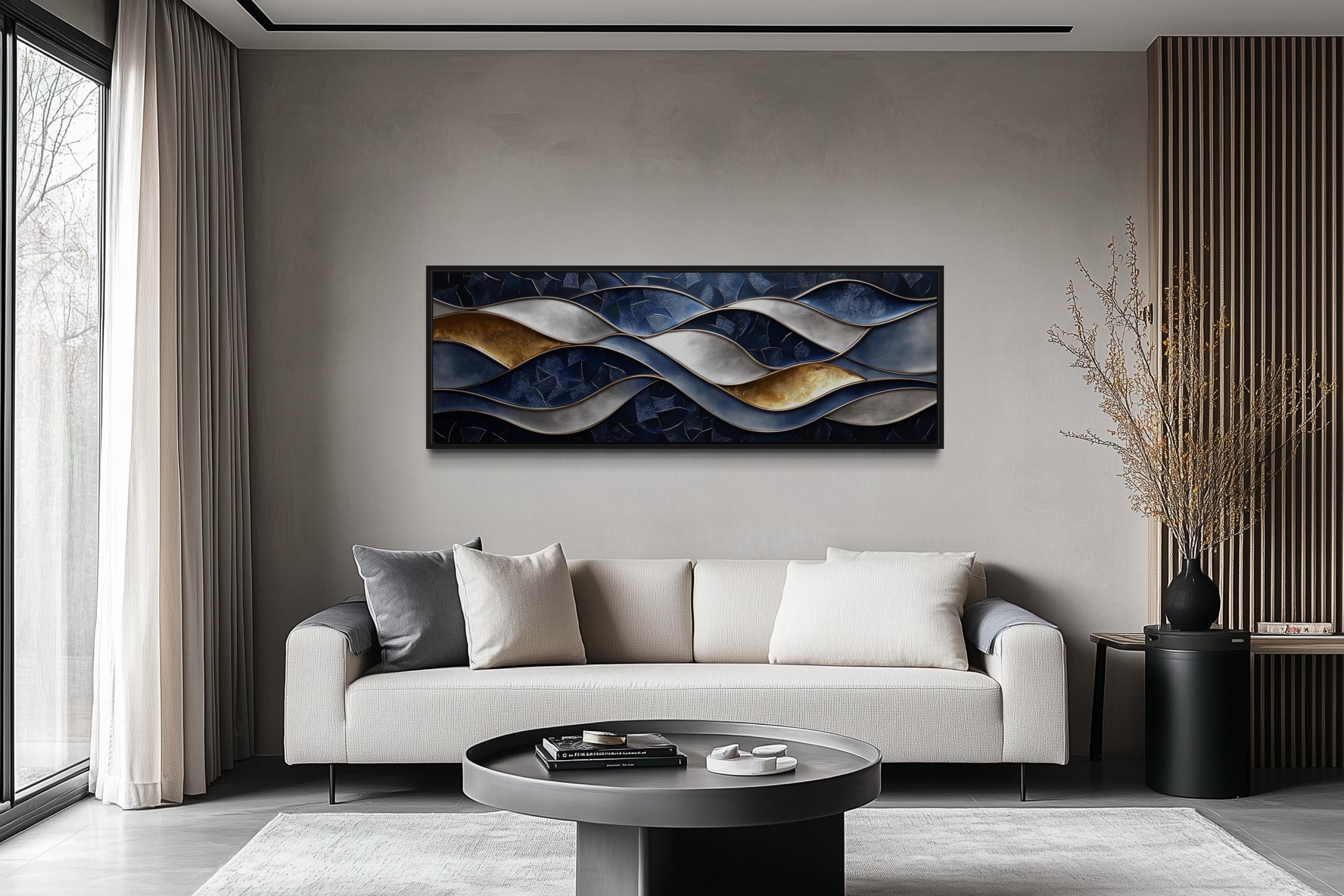 Navy Gold Abstract Wave Long Horizontal Wall Art