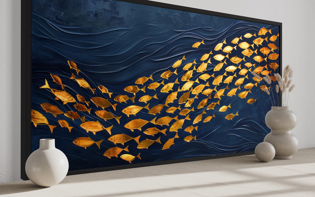 Navy Gold Wall Art – Framed Nautical Ocean Canvas with School of Fish Design