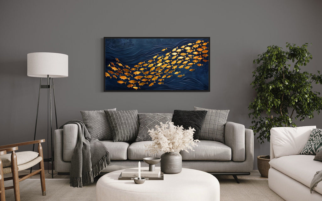 Navy Gold Wall Art – Framed Nautical Ocean Canvas with School of Fish Design