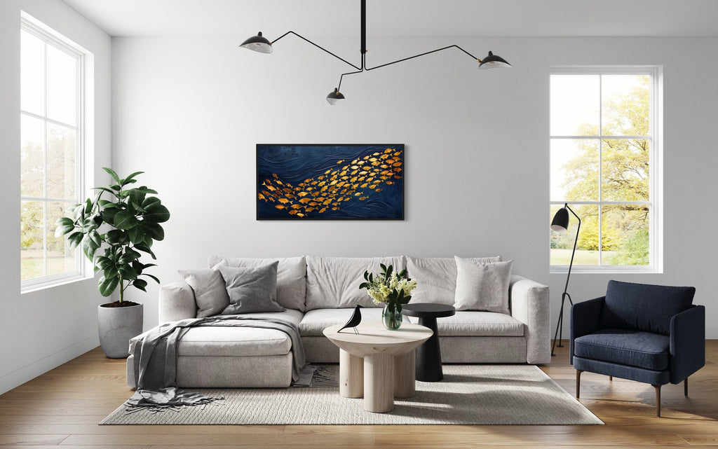 Navy Gold Wall Art – Framed Nautical Ocean Canvas with School of Fish Design