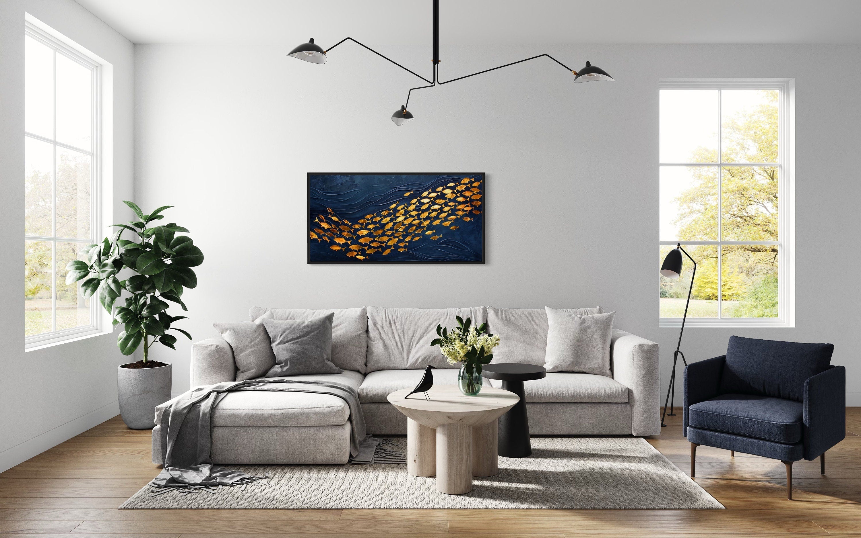 Navy Gold Wall Art – Framed Nautical Ocean Canvas with School of Fish Design