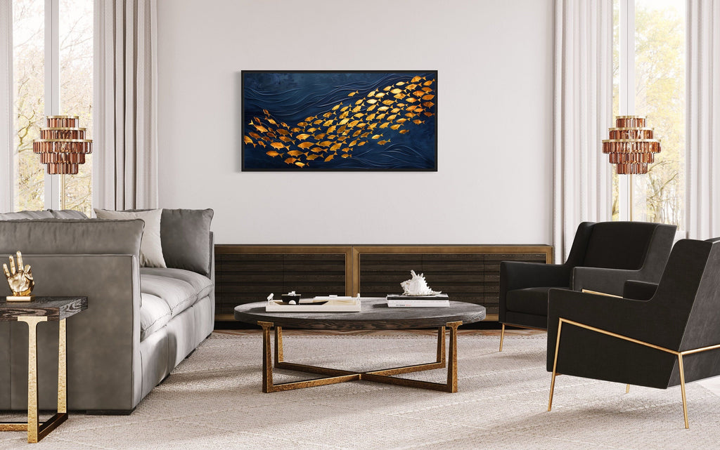 Navy Gold Wall Art – Framed Nautical Ocean Canvas with School of Fish Design