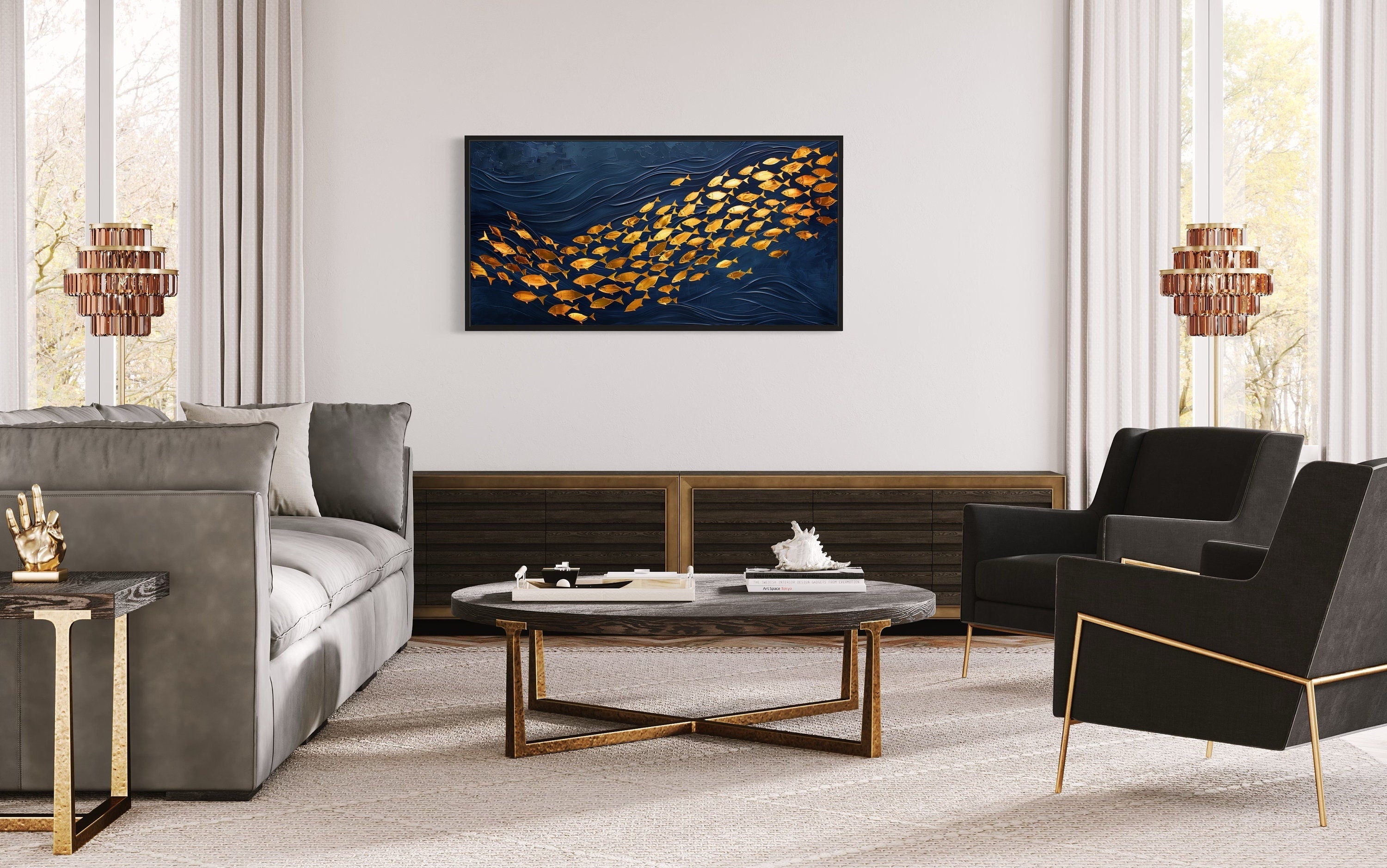 Navy Gold Wall Art – Framed Nautical Ocean Canvas with School of Fish Design