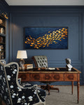 Navy Gold Wall Art – Framed Nautical Ocean Canvas with School of Fish Design