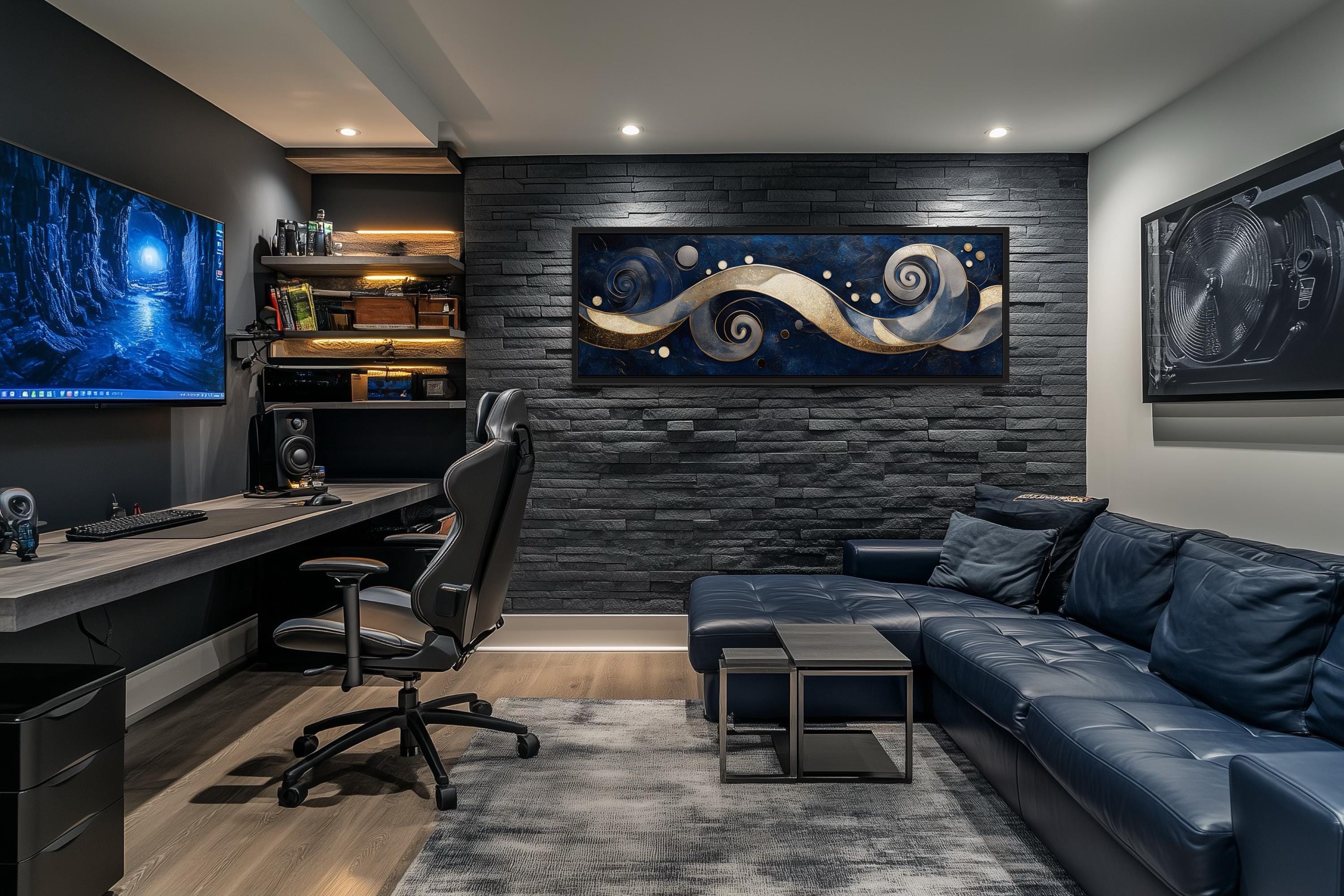 Navy and Gold Abstract Swirl Canvas Art - Elegant Galaxy-Inspired Horizontal Print for Modern Living Room Decor