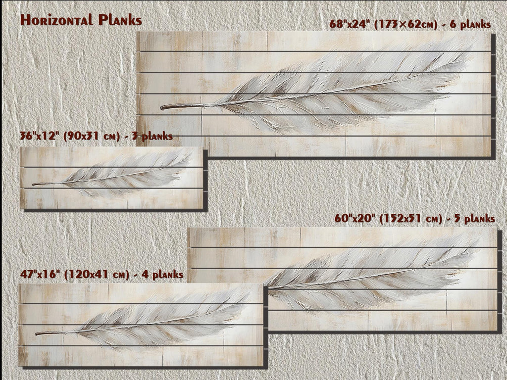 Neutral Boho Feather Long Horizontal Distressed Wood Wall Art