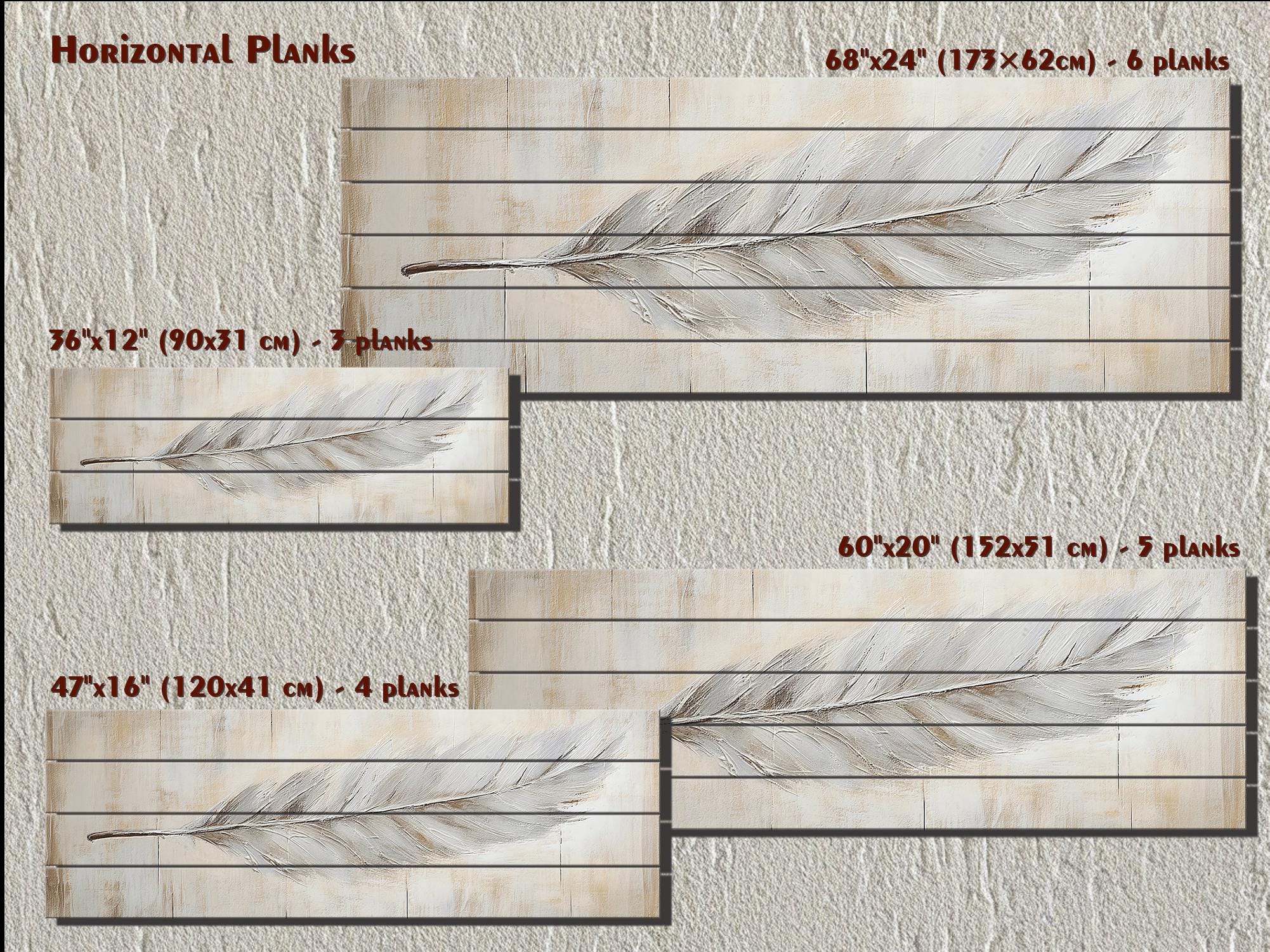 Neutral Boho Feather Long Horizontal Distressed Wood Wall Art