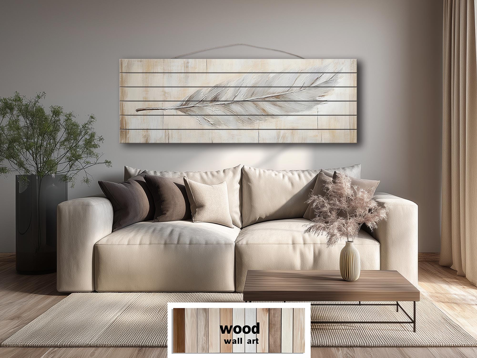 Neutral Boho Feather Long Horizontal Distressed Wood Wall Art