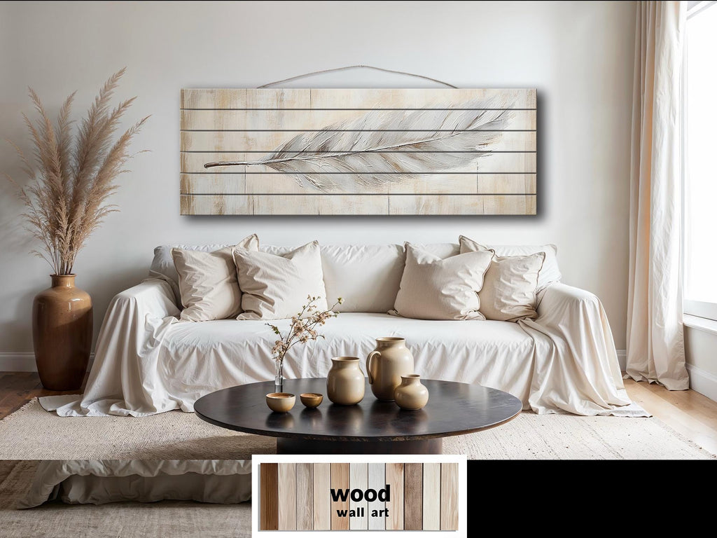 Neutral Boho Feather Long Horizontal Distressed Wood Wall Art