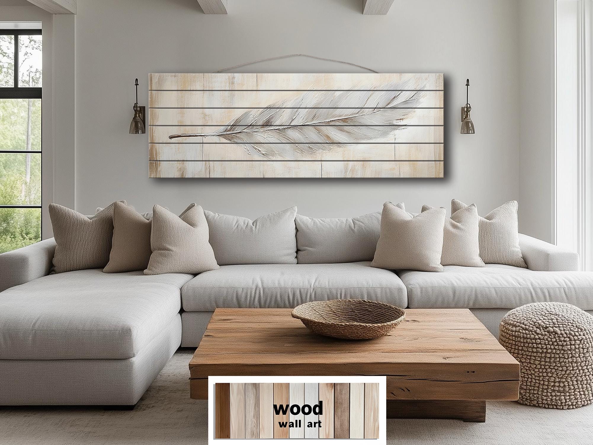Neutral Boho Feather Long Horizontal Distressed Wood Wall Art