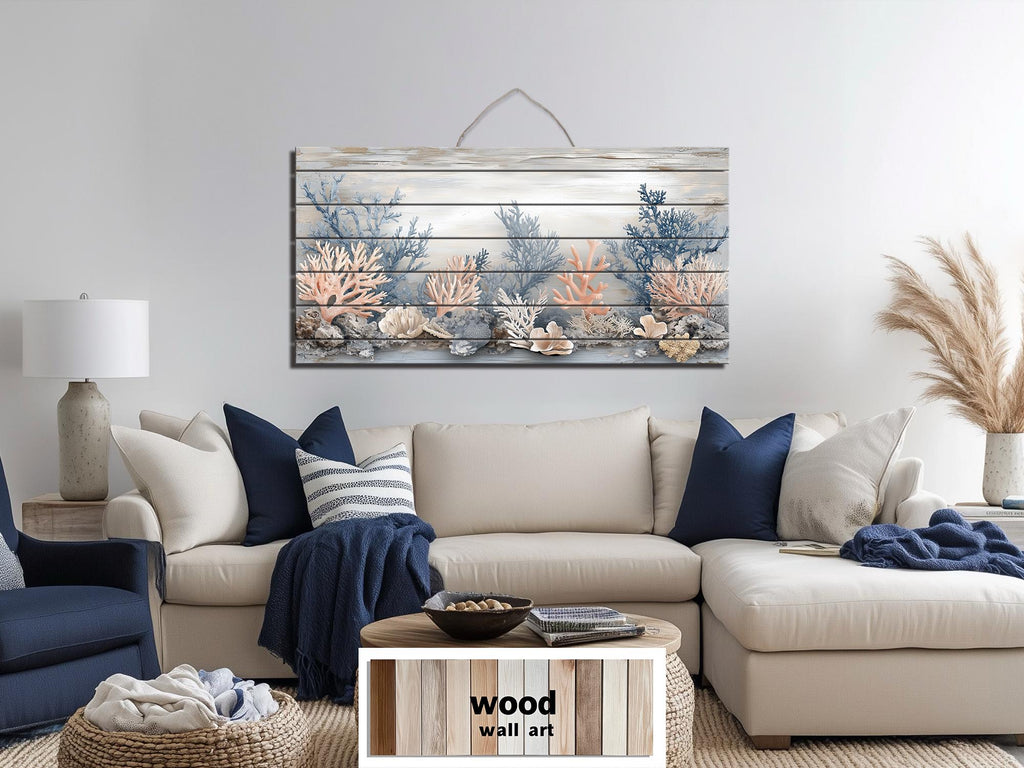 Neutral Coral In Beige Blue Gray Peach Distressed Wood Wall Art For Coastal Decor