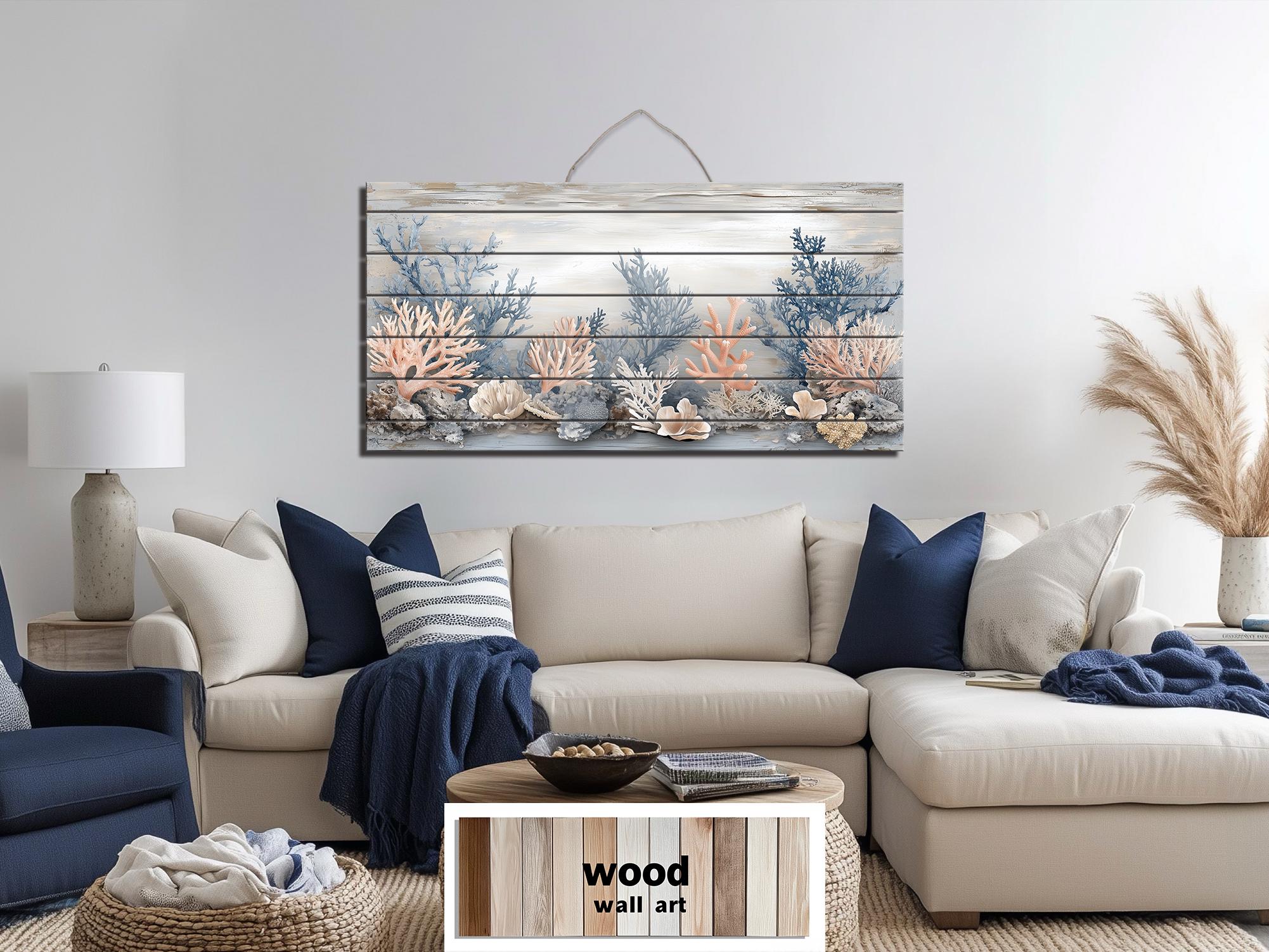 Neutral Coral In Beige Blue Gray Peach Distressed Wood Wall Art For Coastal Decor