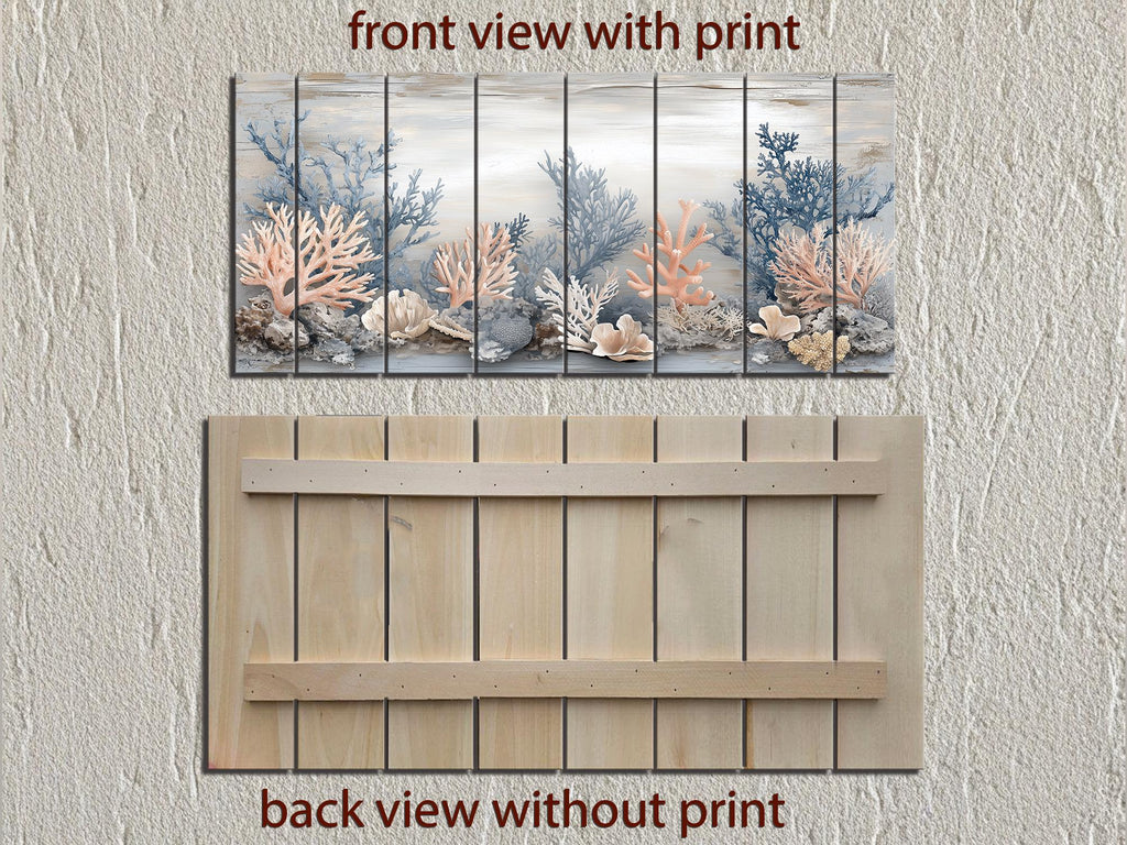 Neutral Coral In Beige Blue Gray Peach Distressed Wood Wall Art For Coastal Decor