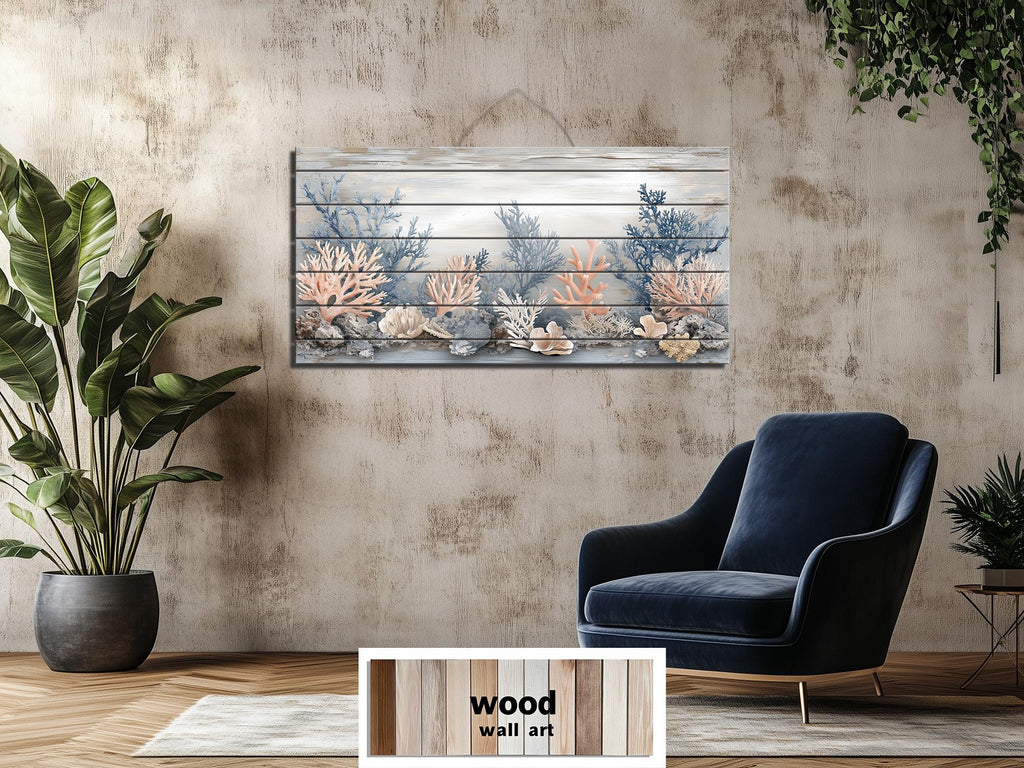 Neutral Coral In Beige Blue Gray Peach Distressed Wood Wall Art For Coastal Decor