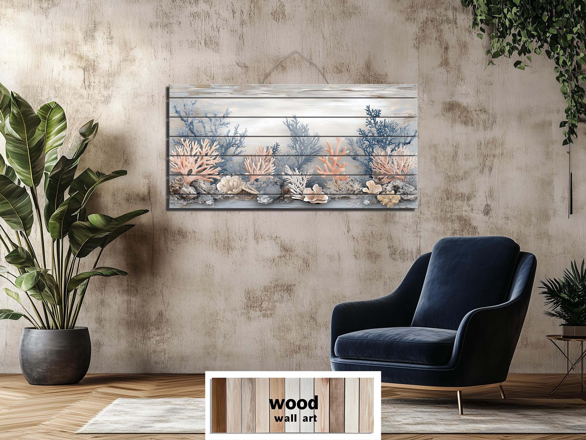 Neutral Coral In Beige Blue Gray Peach Distressed Wood Wall Art For Coastal Decor