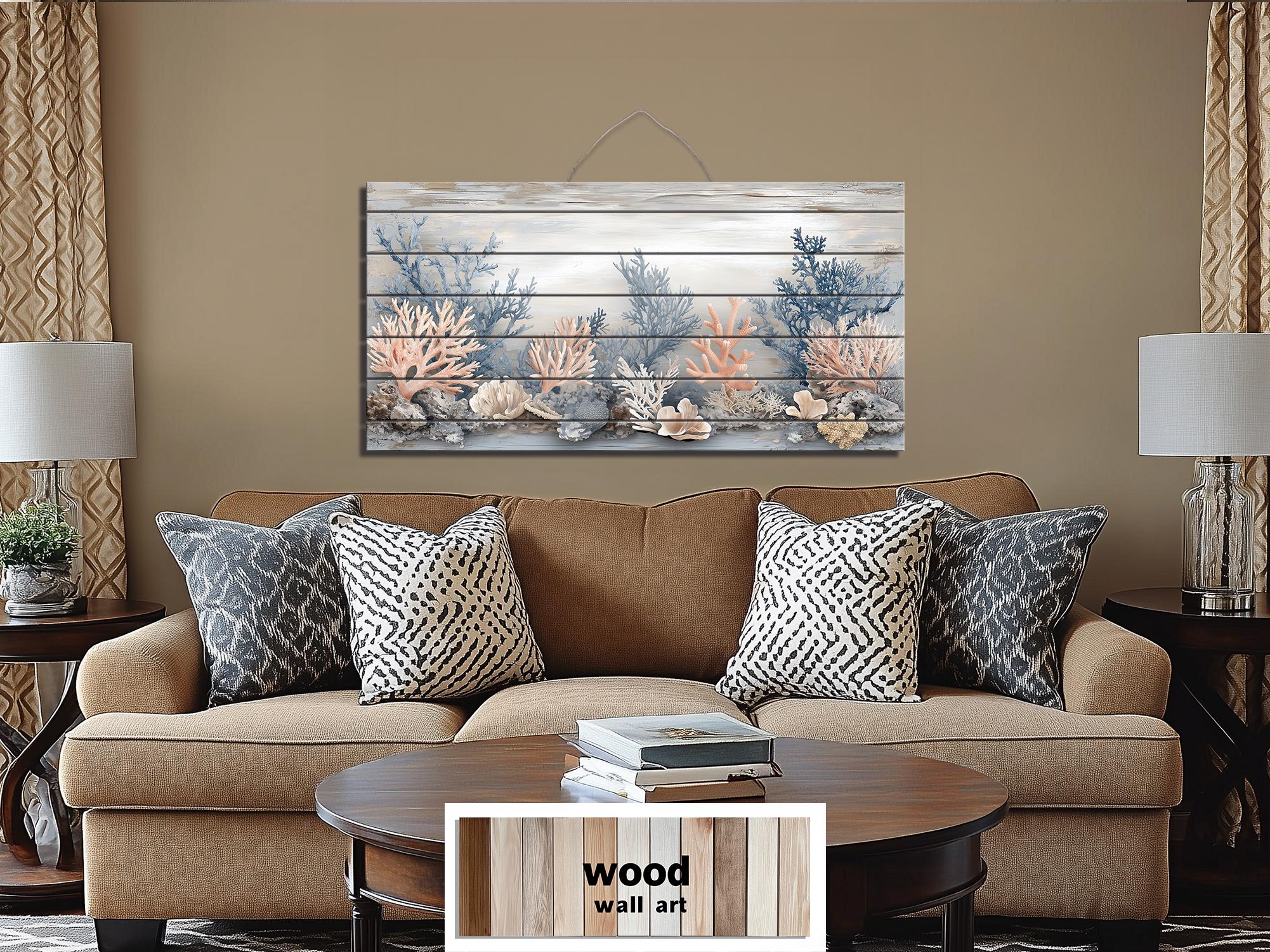 Neutral Coral In Beige Blue Gray Peach Distressed Wood Wall Art For Coastal Decor