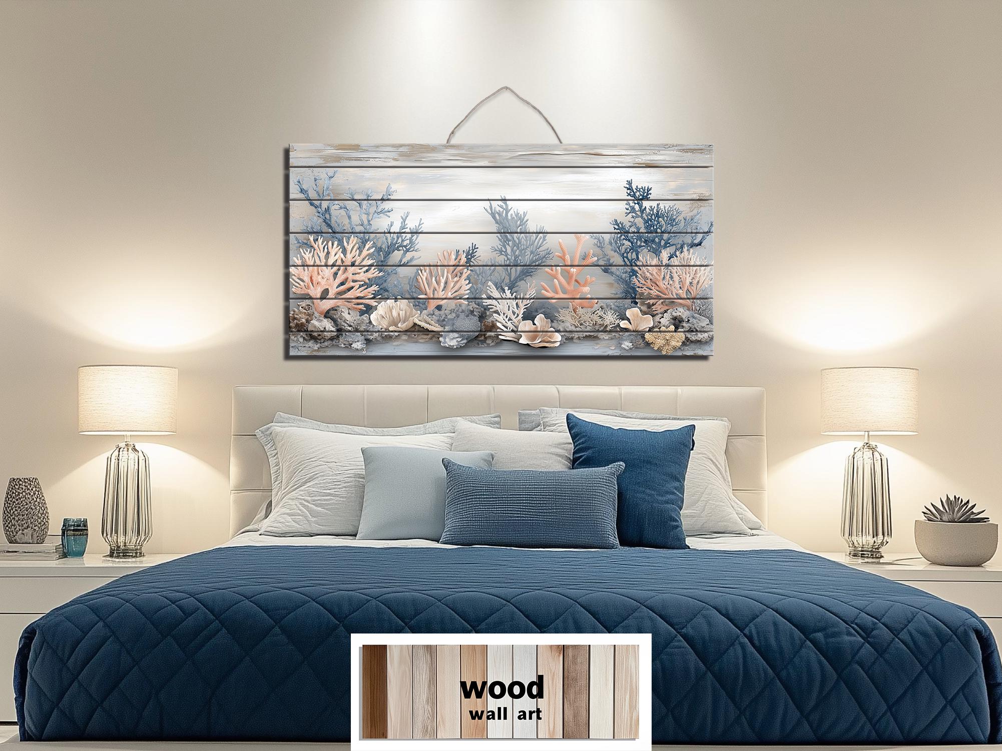 Neutral Coral In Beige Blue Gray Peach Distressed Wood Wall Art For Coastal Decor