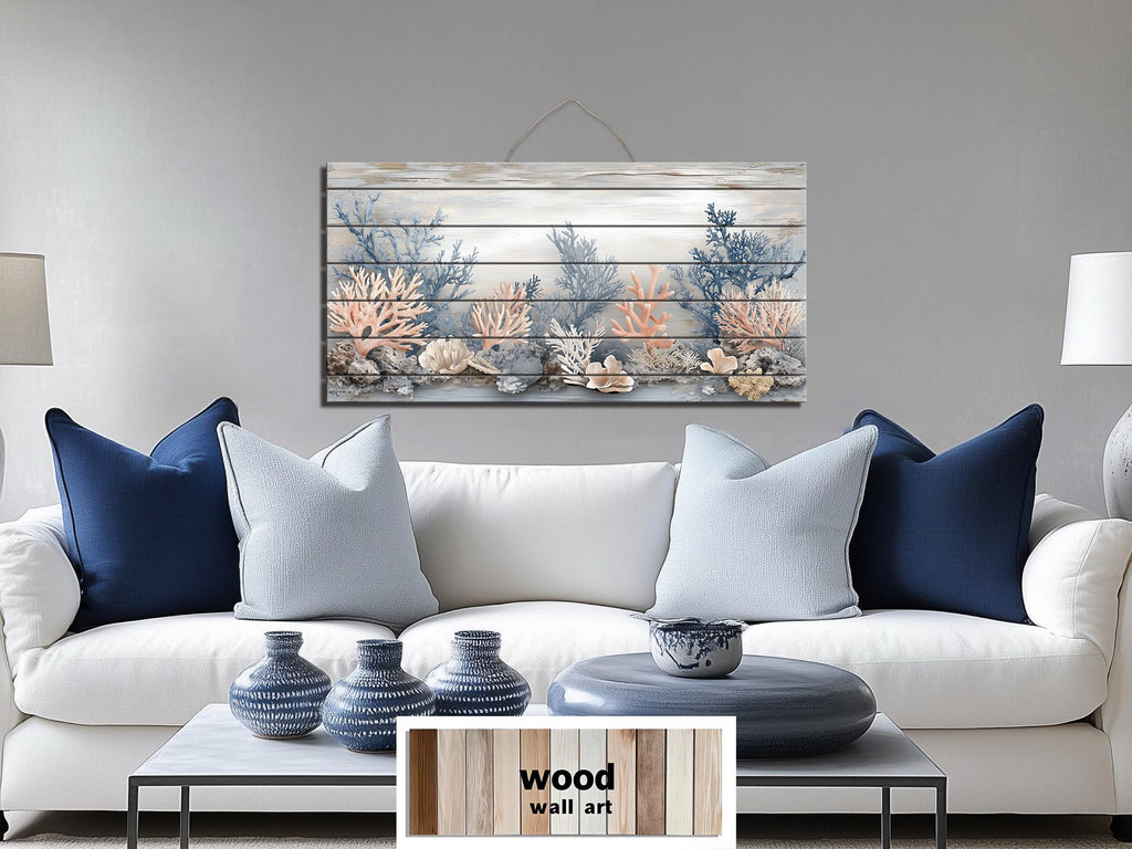 Neutral Coral In Beige Blue Gray Peach Distressed Wood Wall Art For Coastal Decor