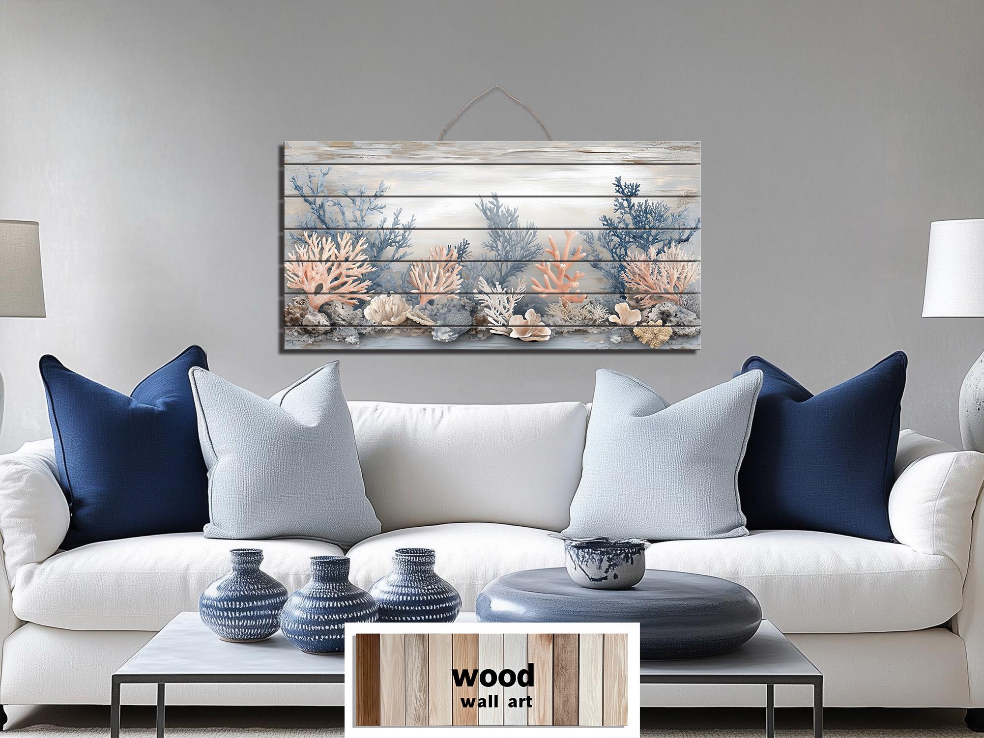 Neutral Coral In Beige Blue Gray Peach Distressed Wood Wall Art For Coastal Decor