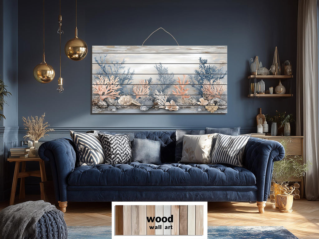 Neutral Coral In Beige Blue Gray Peach Distressed Wood Wall Art For Coastal Decor