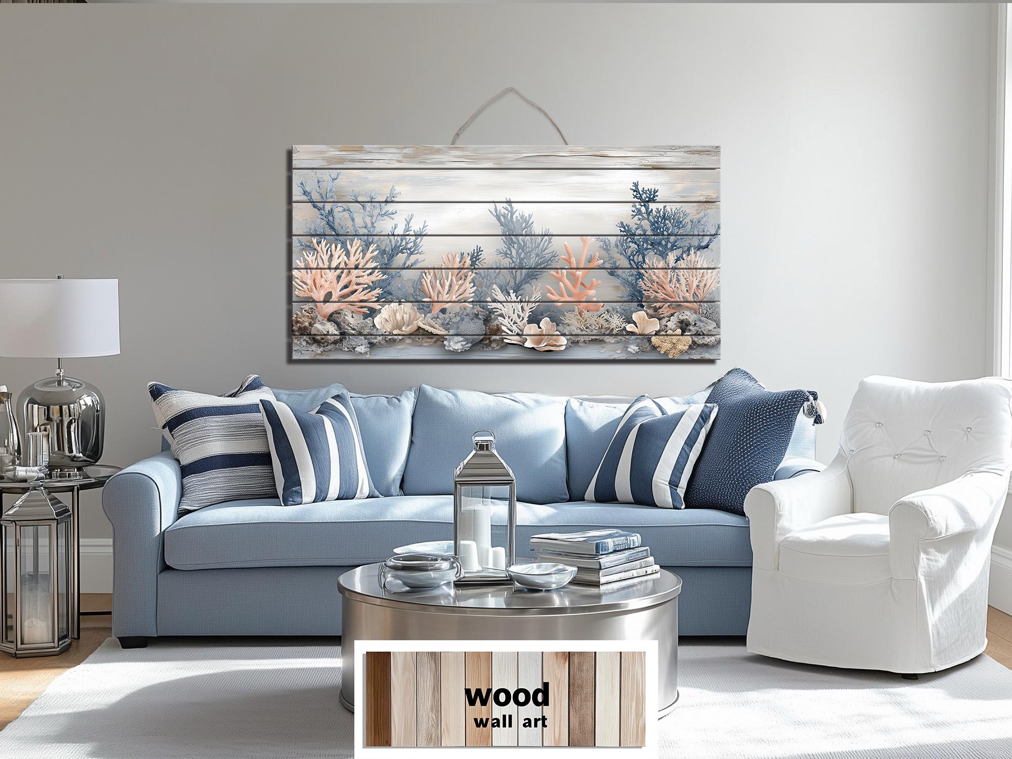 Neutral Coral In Beige Blue Gray Peach Distressed Wood Wall Art For Coastal Decor