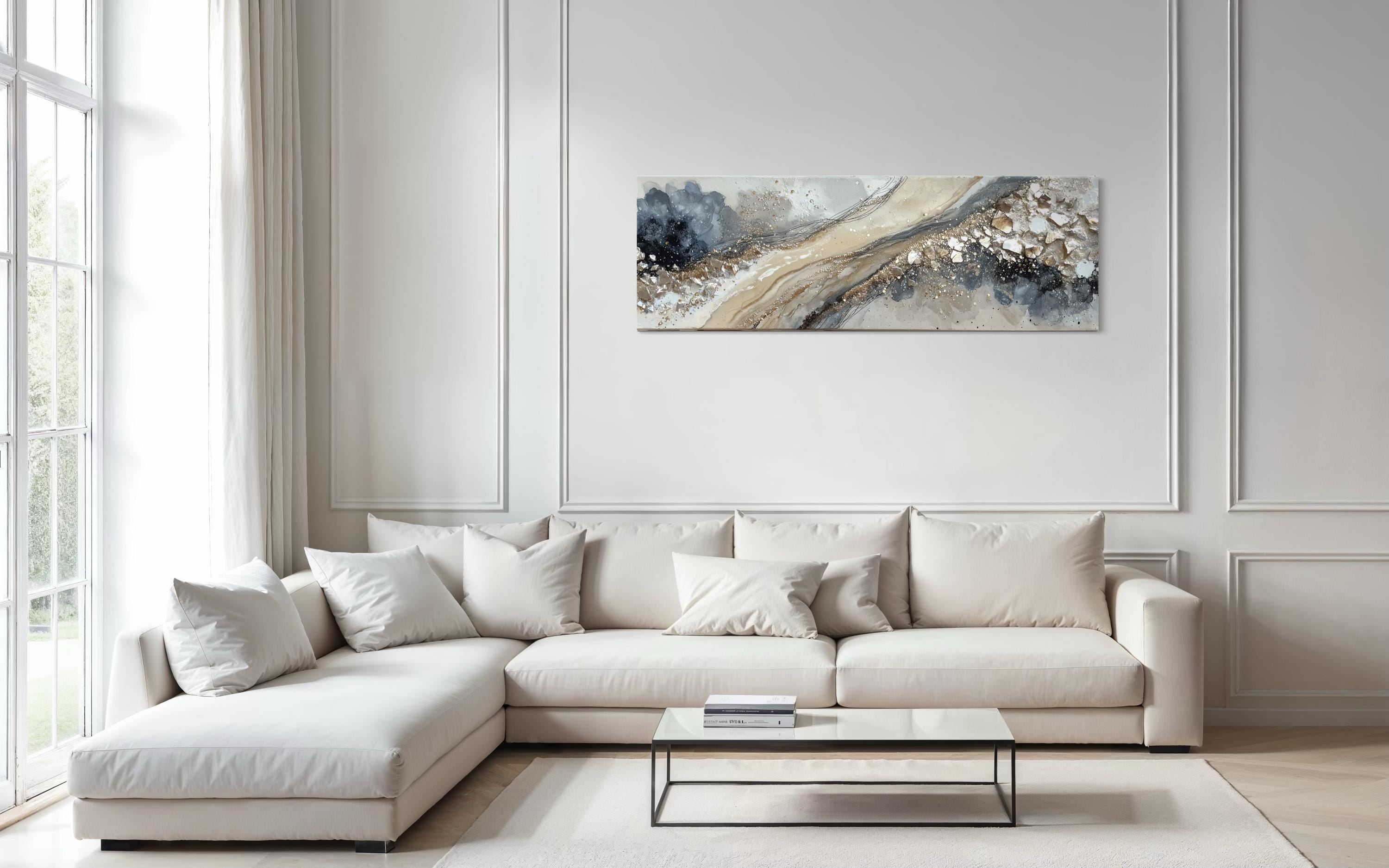 Neutral Grey Beige Gold Long Horizontal Abstract Canvas Wall Art For Above Bed Or Couch