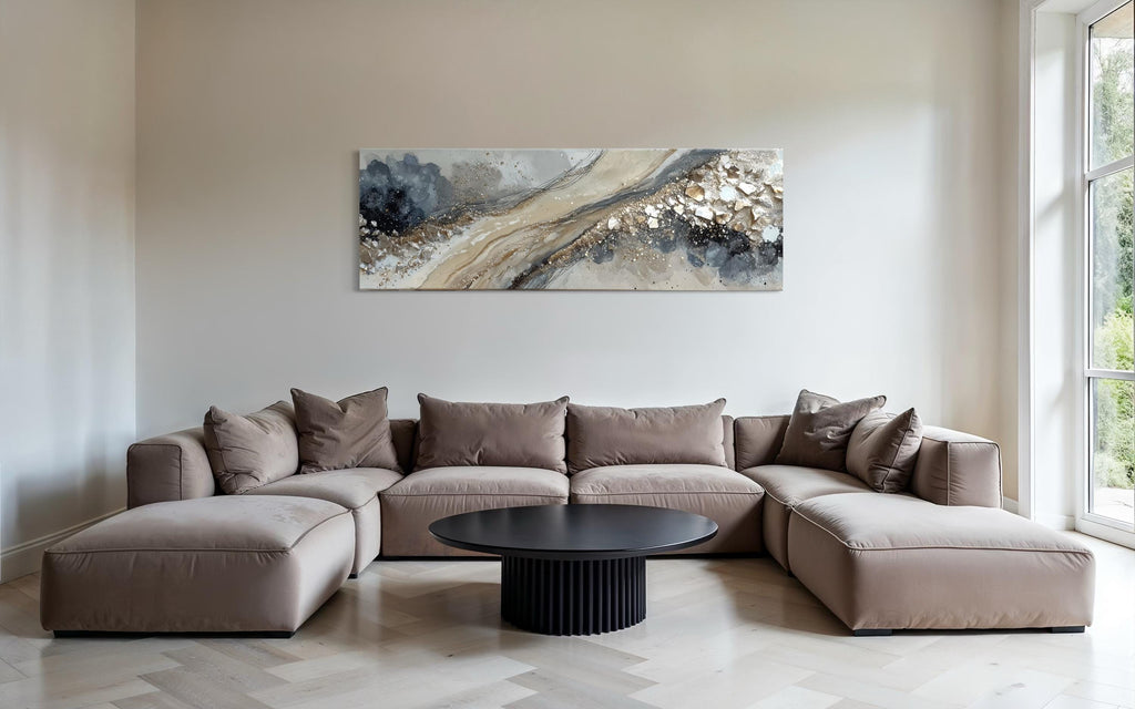 Neutral Grey Beige Gold Long Horizontal Abstract Canvas Wall Art For Above Bed Or Couch