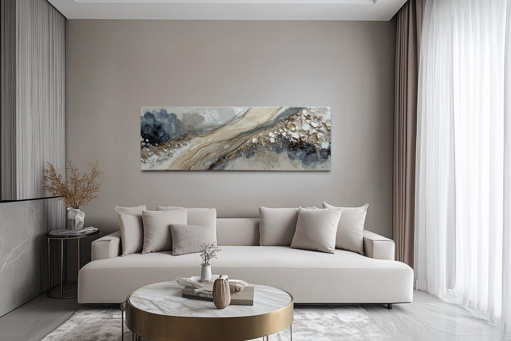 Neutral Grey Beige Gold Long Horizontal Abstract Canvas Wall Art For Above Bed Or Couch